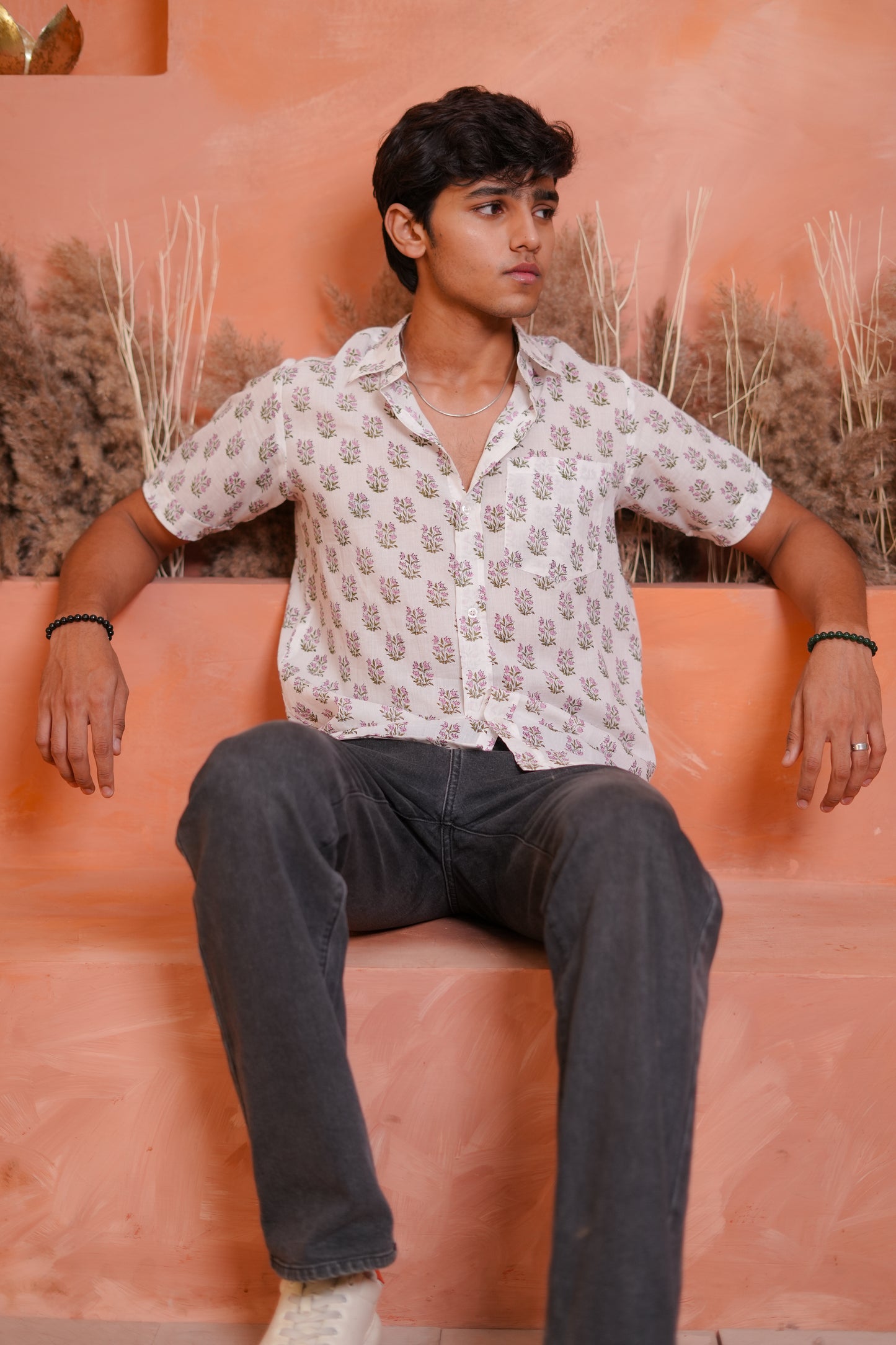 Pink Hand Block Printed Buti Shirt