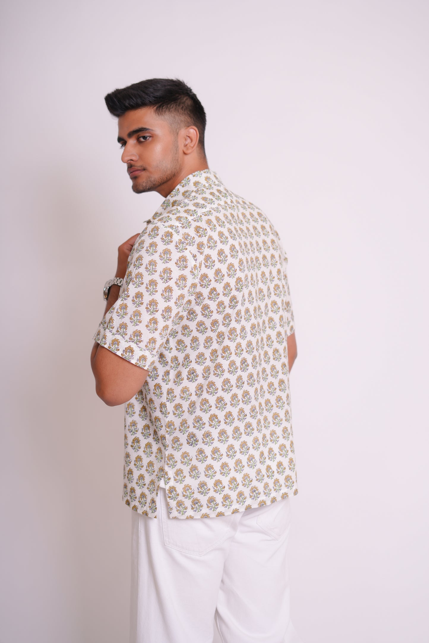 Yellow Saffron Hand Block Printed Buti Shirt