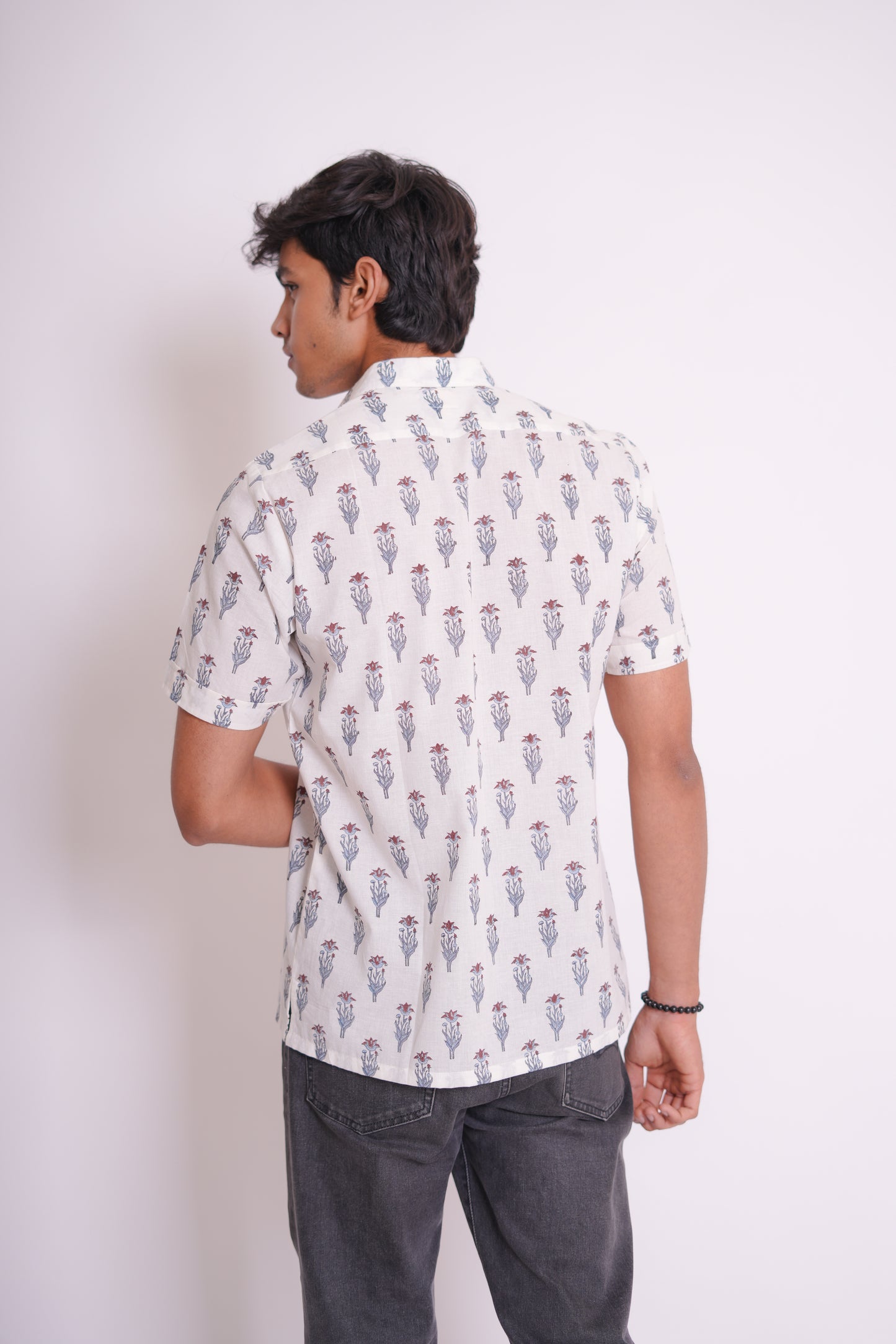 Hand Block Printed Red & Sky Buti Shirt
