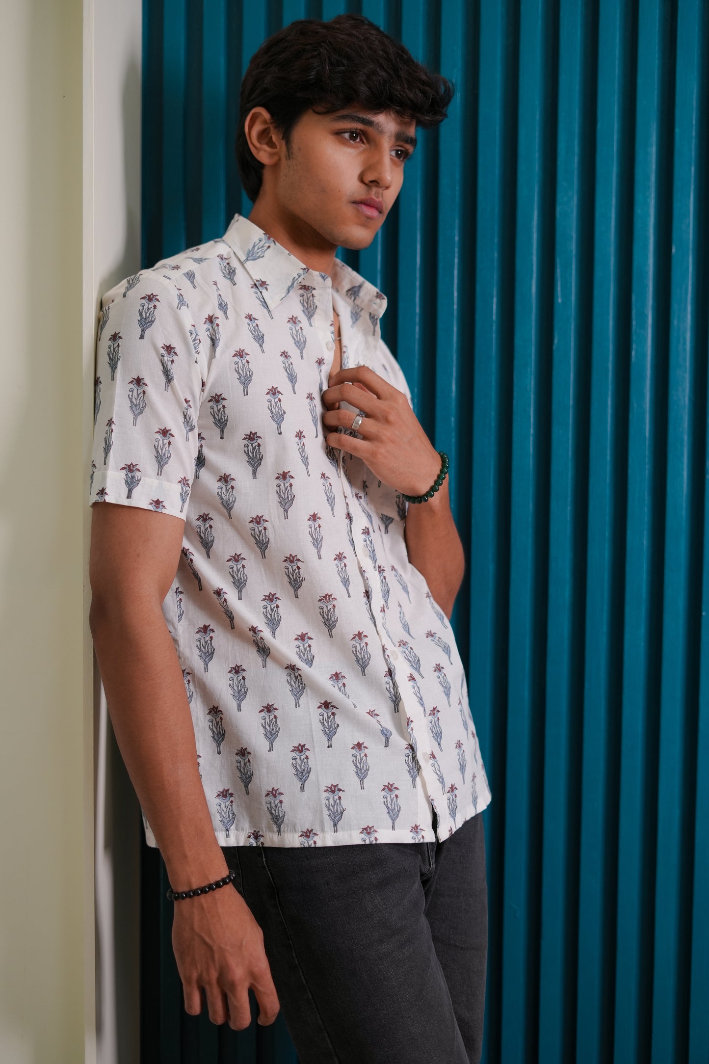 Hand Block Printed Red & Sky Buti Shirt