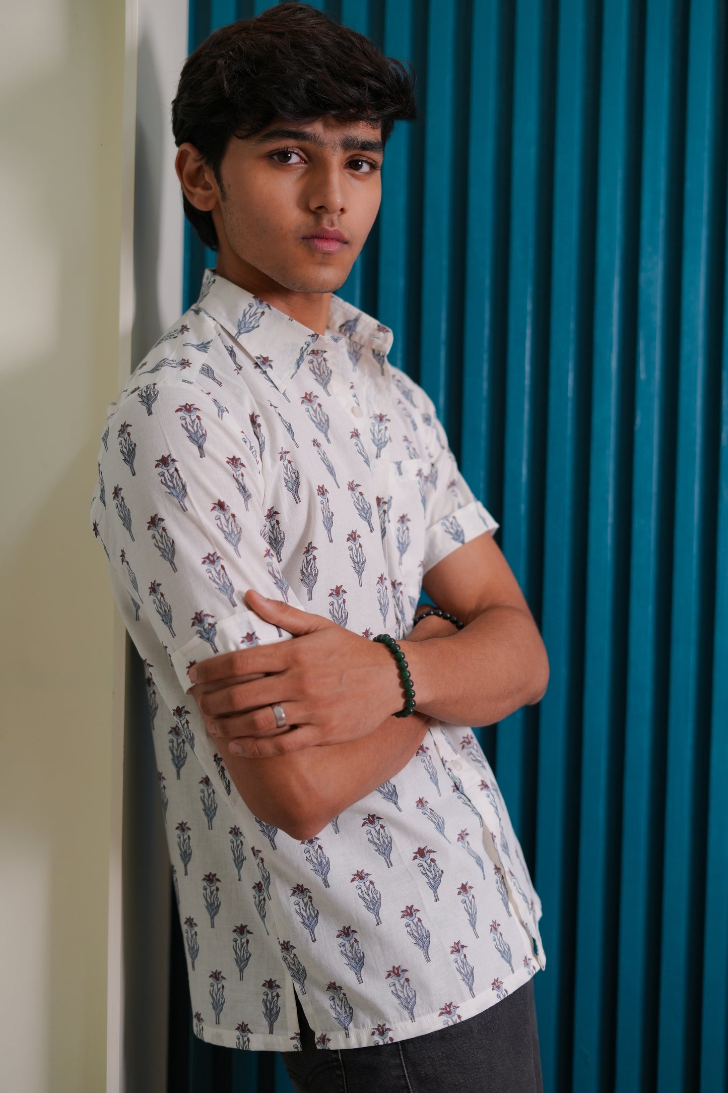 Hand Block Printed Red & Sky Buti Shirt