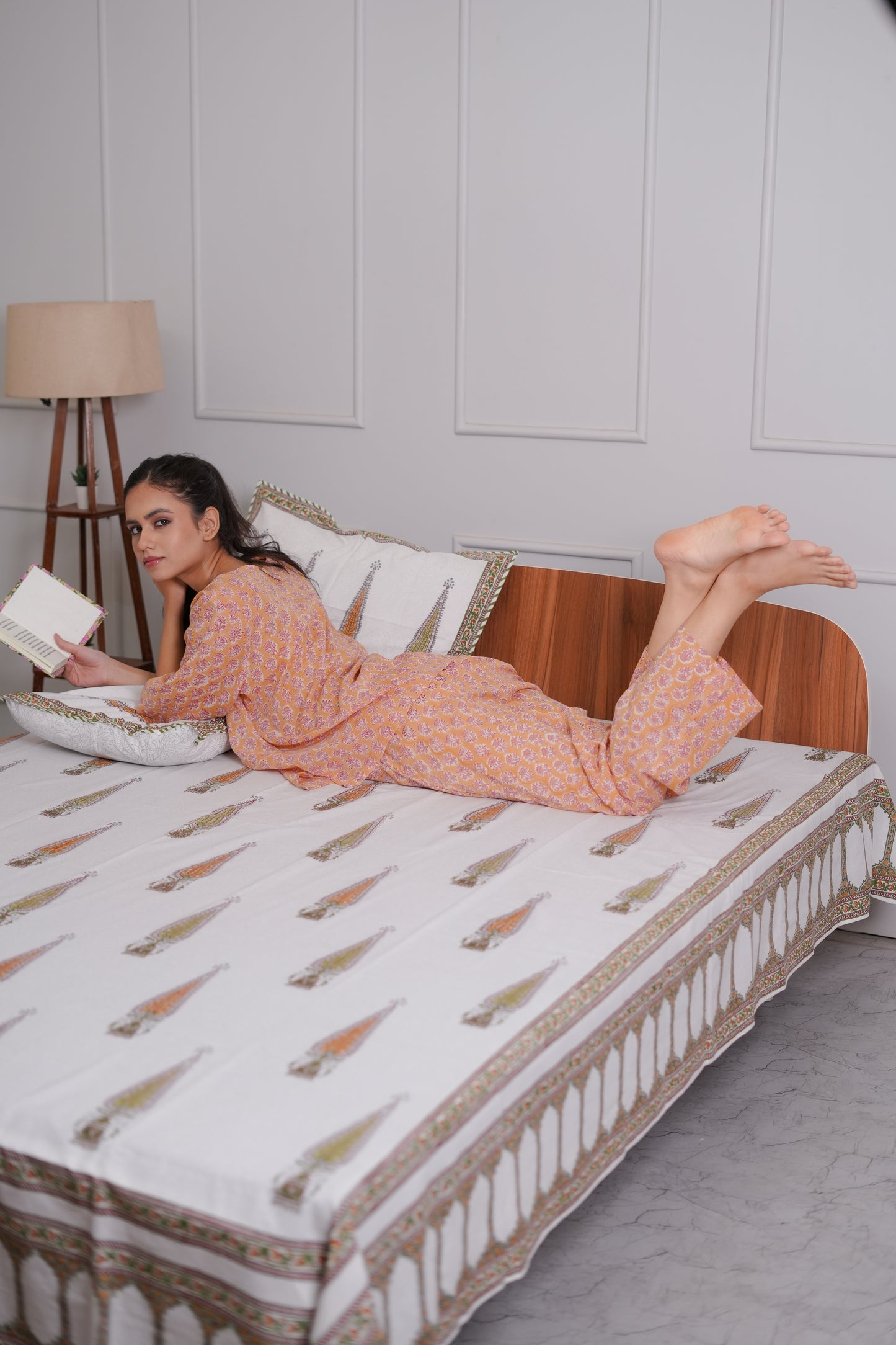 Takshika Pastel Peach Buti Hand Block-Printed Cotton Loungewear Set