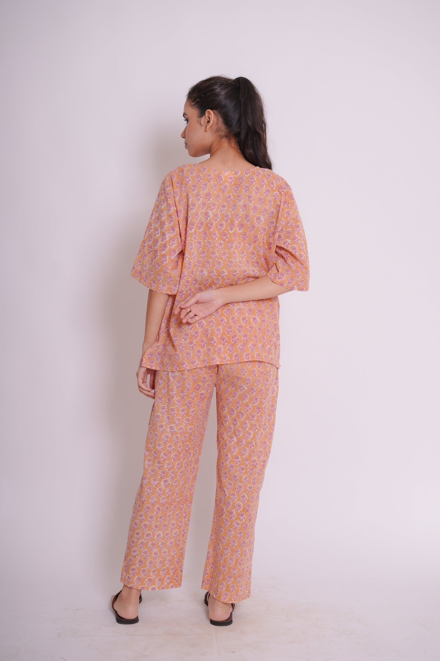 Takshika Pastel Peach Buti Hand Block-Printed Cotton Loungewear Set