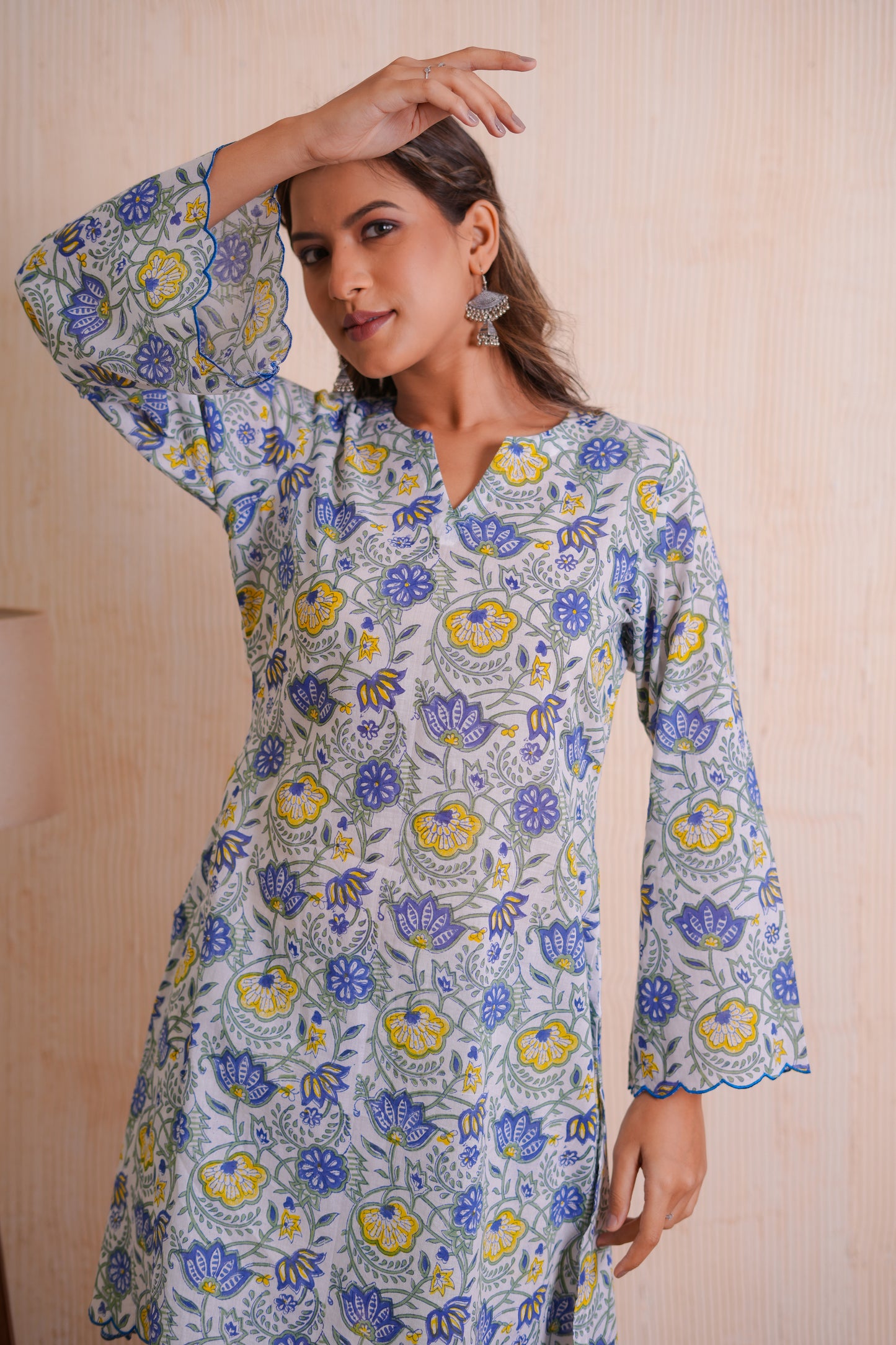 Raya Blue Floral Hand Block-Printed Cotton Scaleup Embroidered Co-ord Set