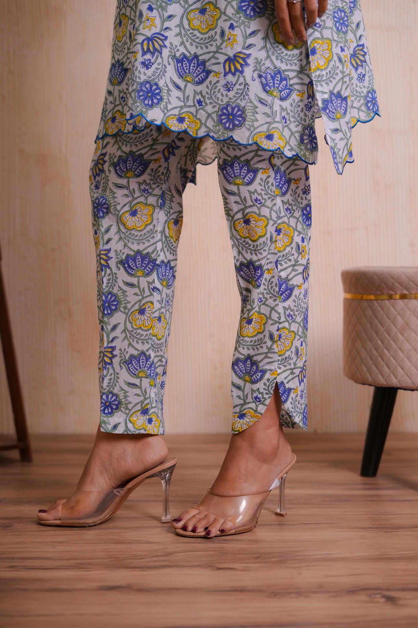 Raya Blue Floral Hand Block-Printed Cotton Scaleup Embroidered Co-ord Set