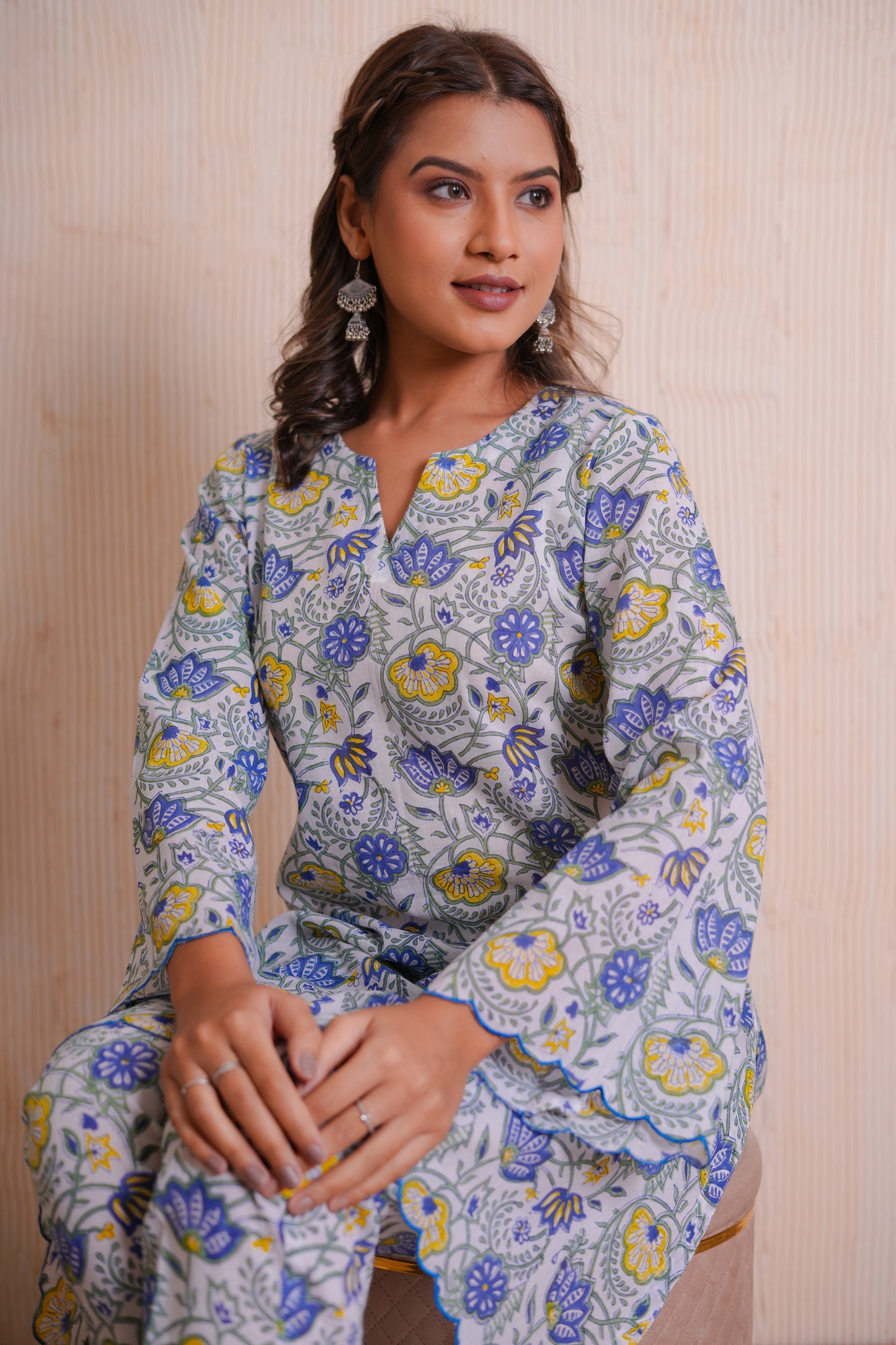 Raya Blue Floral Hand Block-Printed Cotton Scaleup Embroidered Co-ord Set