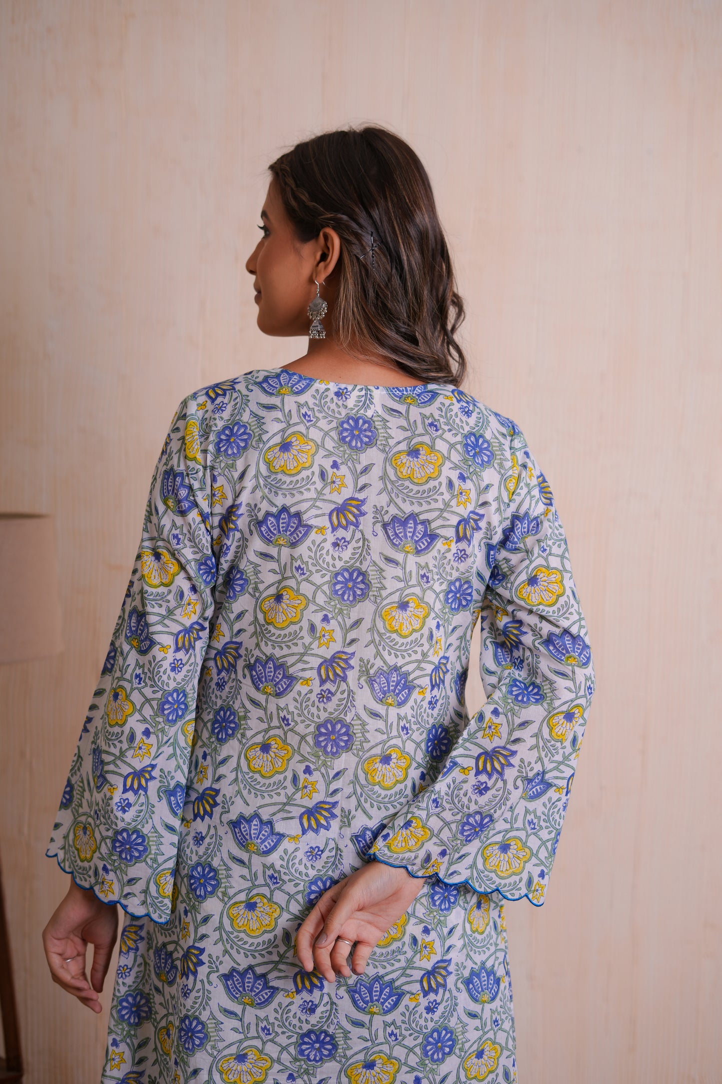 Raya Blue Floral Hand Block-Printed Cotton Scaleup Embroidered Co-ord Set