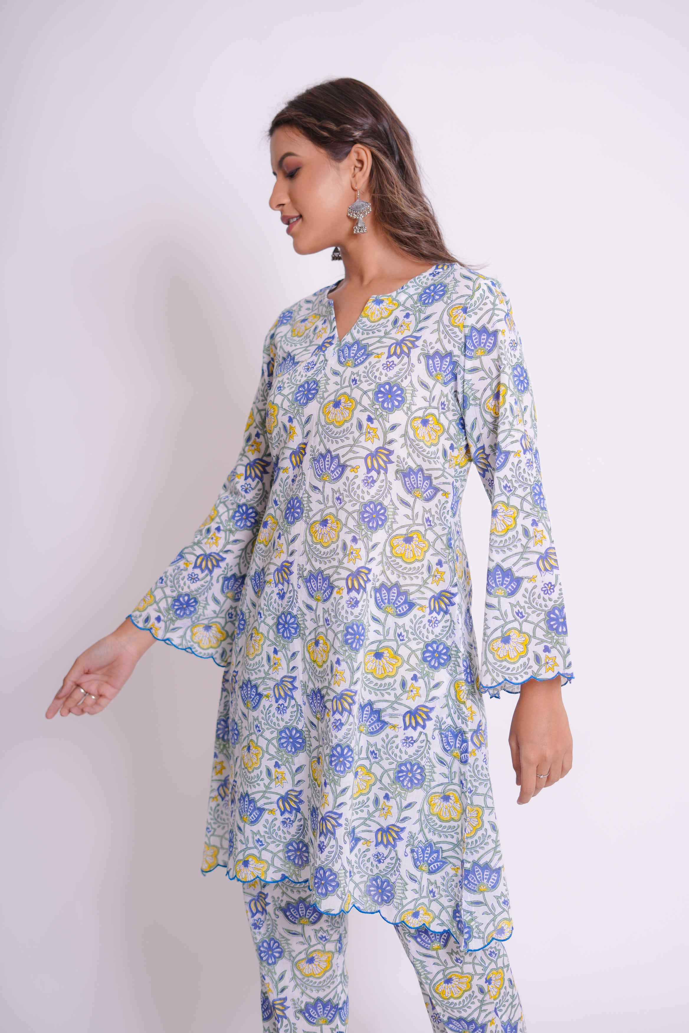 Raya Blue Floral Hand Block-Printed Cotton Scaleup Embroidered Co-ord Set