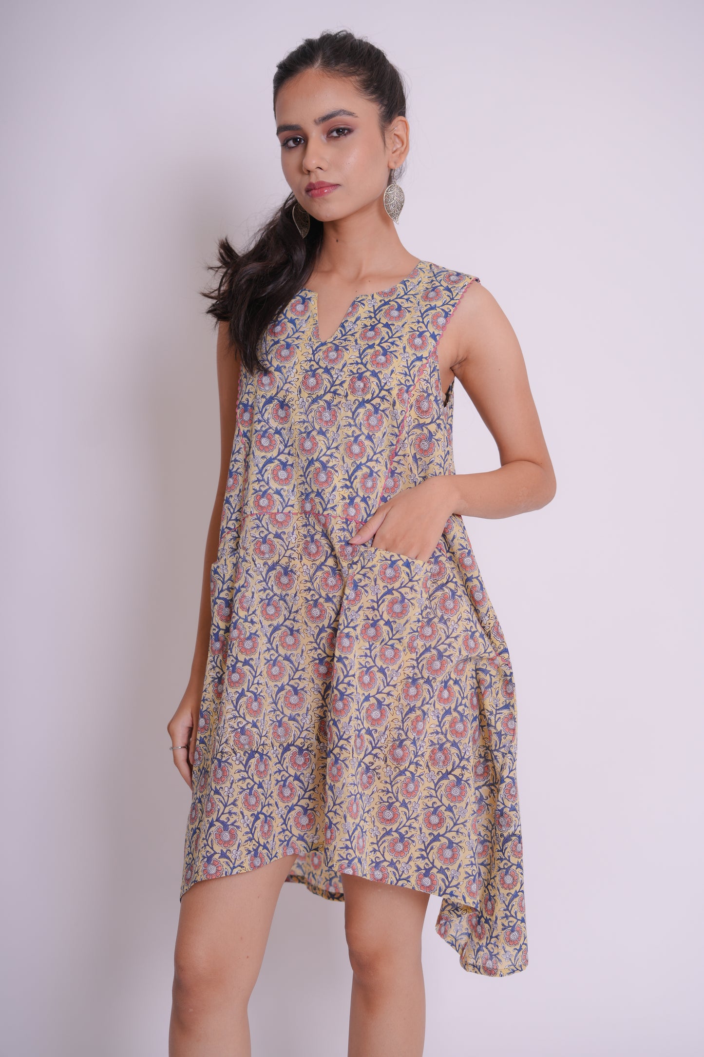 Ojas Yellow Hand Block-Printed Floral Jaal Sleeveless Top