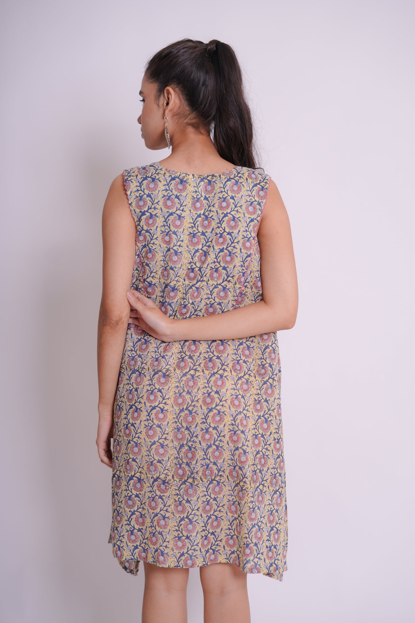 Ojas Yellow Hand Block-Printed Floral Jaal Sleeveless Top