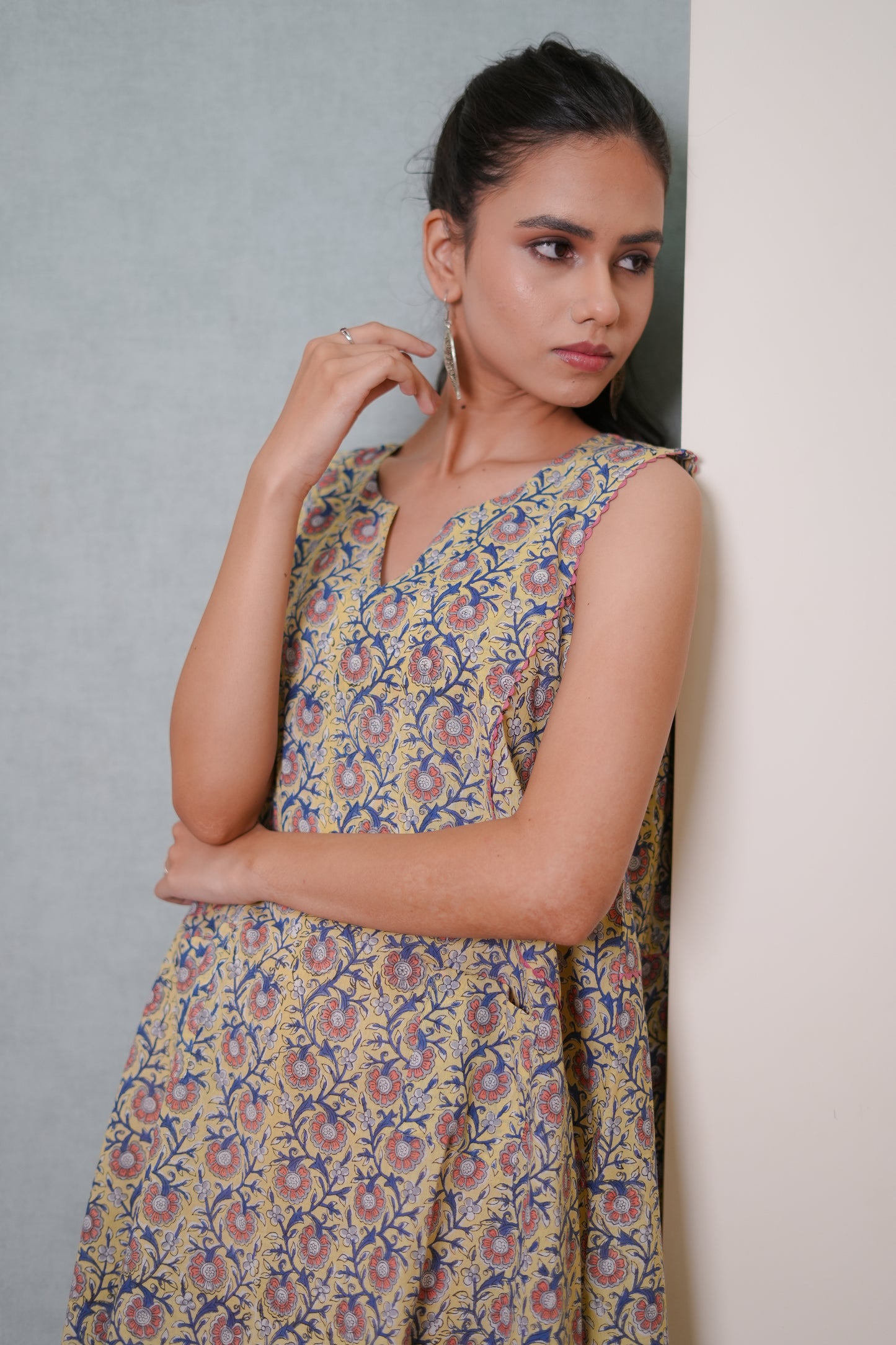 Ojas Yellow Hand Block-Printed Floral Jaal Sleeveless Top