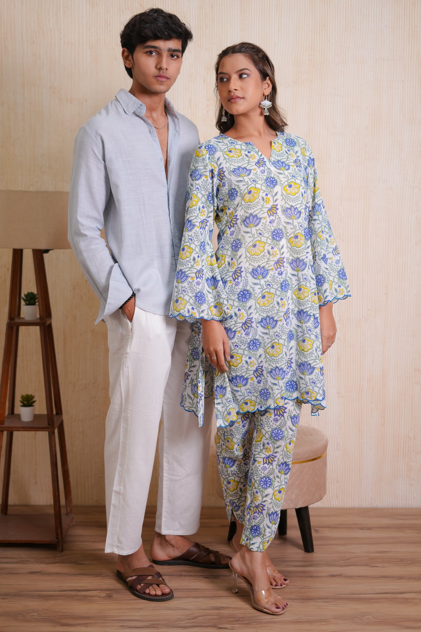 Raya Blue Floral Hand Block-Printed Cotton Scaleup Embroidered Co-ord Set