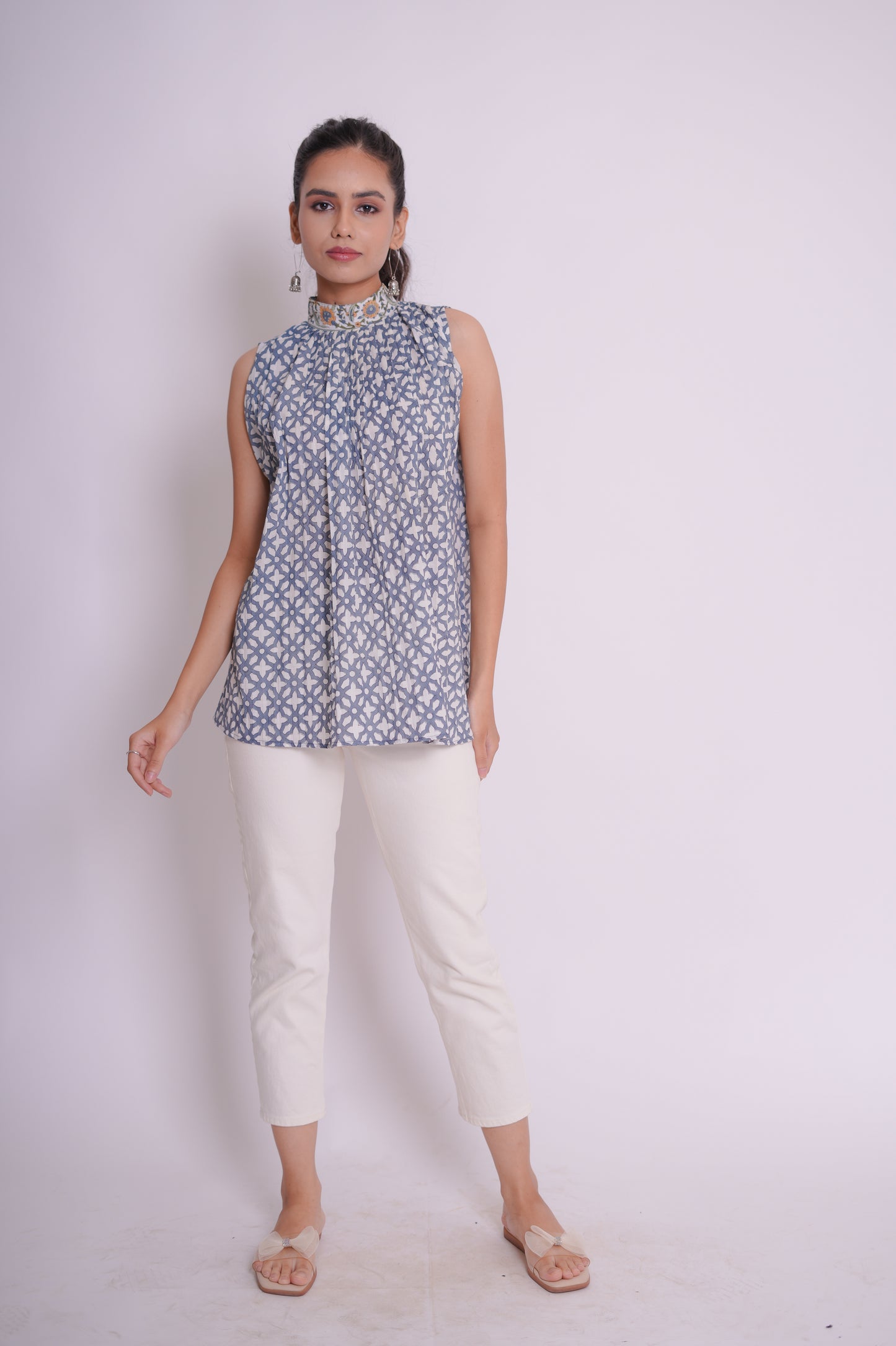 Urooj Blue Jaal Hand Block-Printed Turtleneck Sleeveless Crop Top