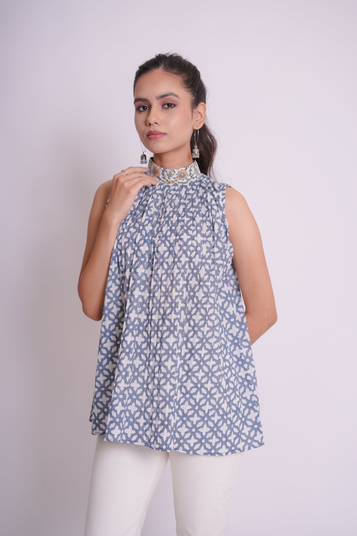 Urooj Blue Jaal Hand Block-Printed Turtleneck Sleeveless Crop Top