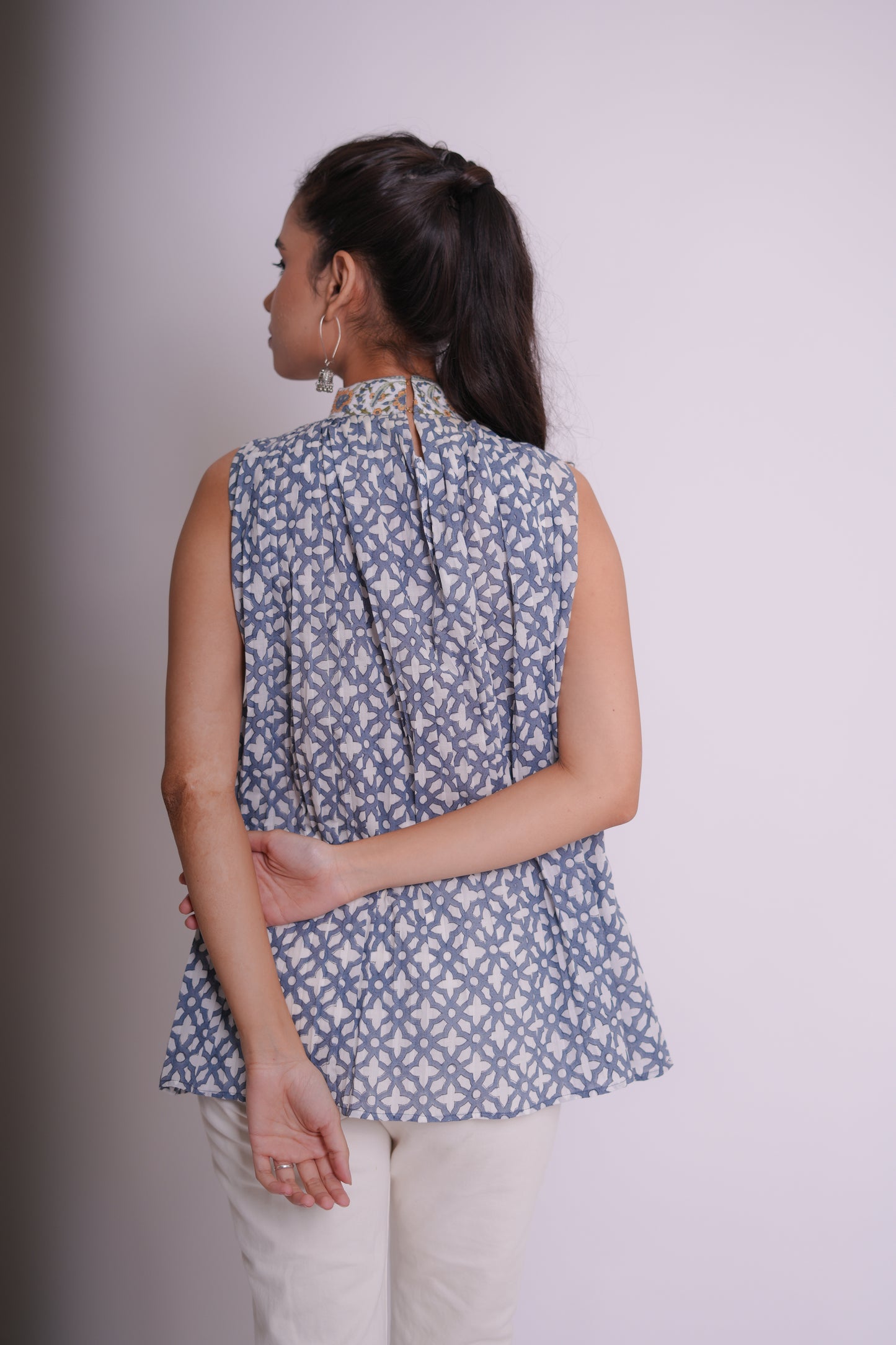 Urooj Blue Jaal Hand Block-Printed Turtleneck Sleeveless Crop Top