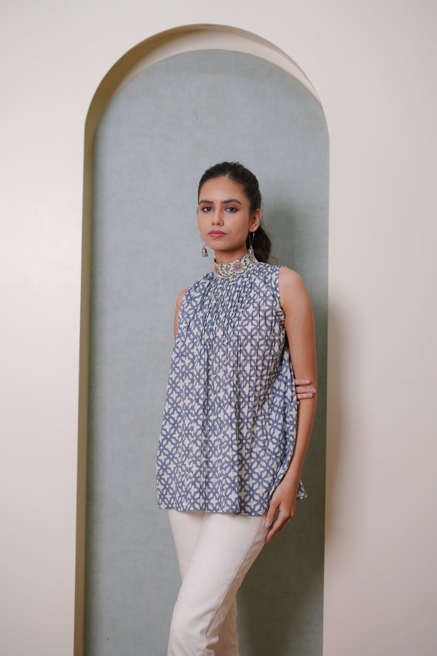 Urooj Blue Jaal Hand Block-Printed Turtleneck Sleeveless Crop Top
