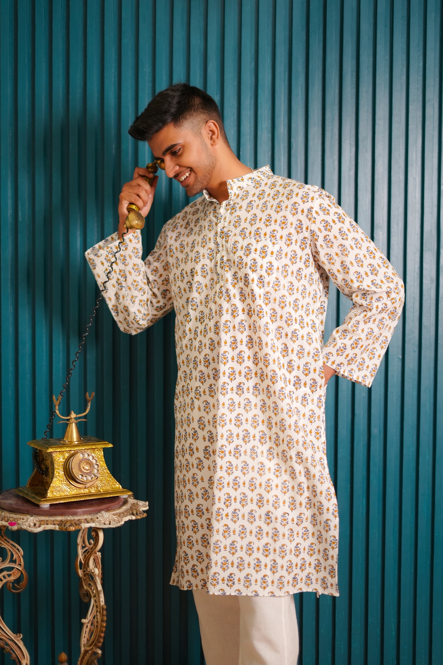 Blue Gladiolus Hand Block Printed Buti Kurta Set