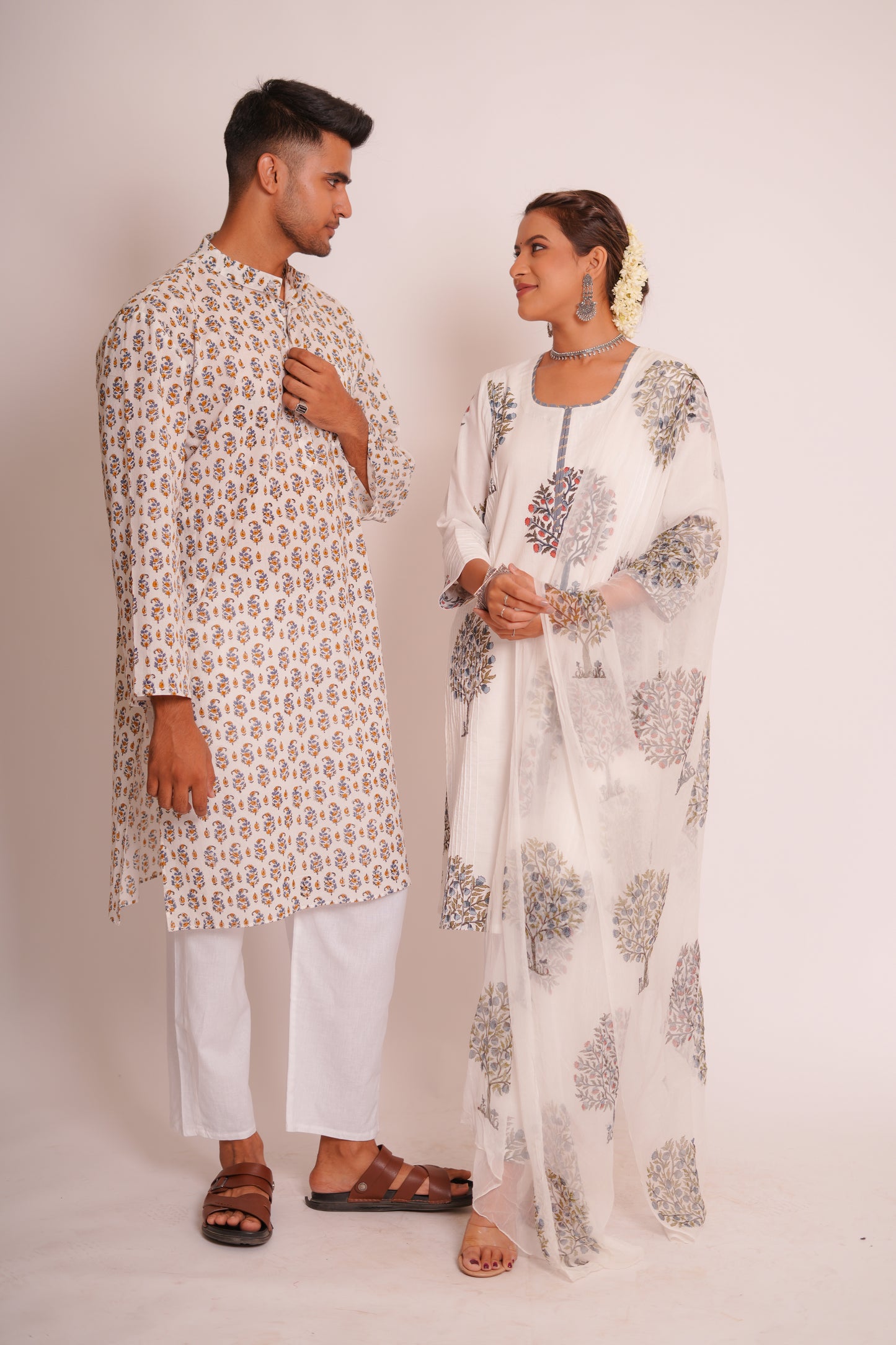 Blue Gladiolus Hand Block Printed Buti Kurta Set