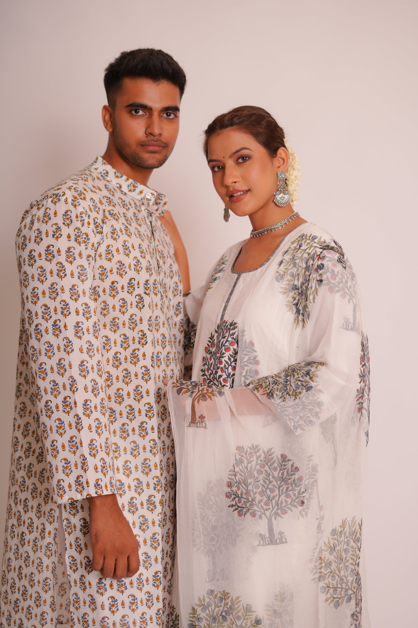 Blue Gladiolus Hand Block Printed Buti Kurta Set