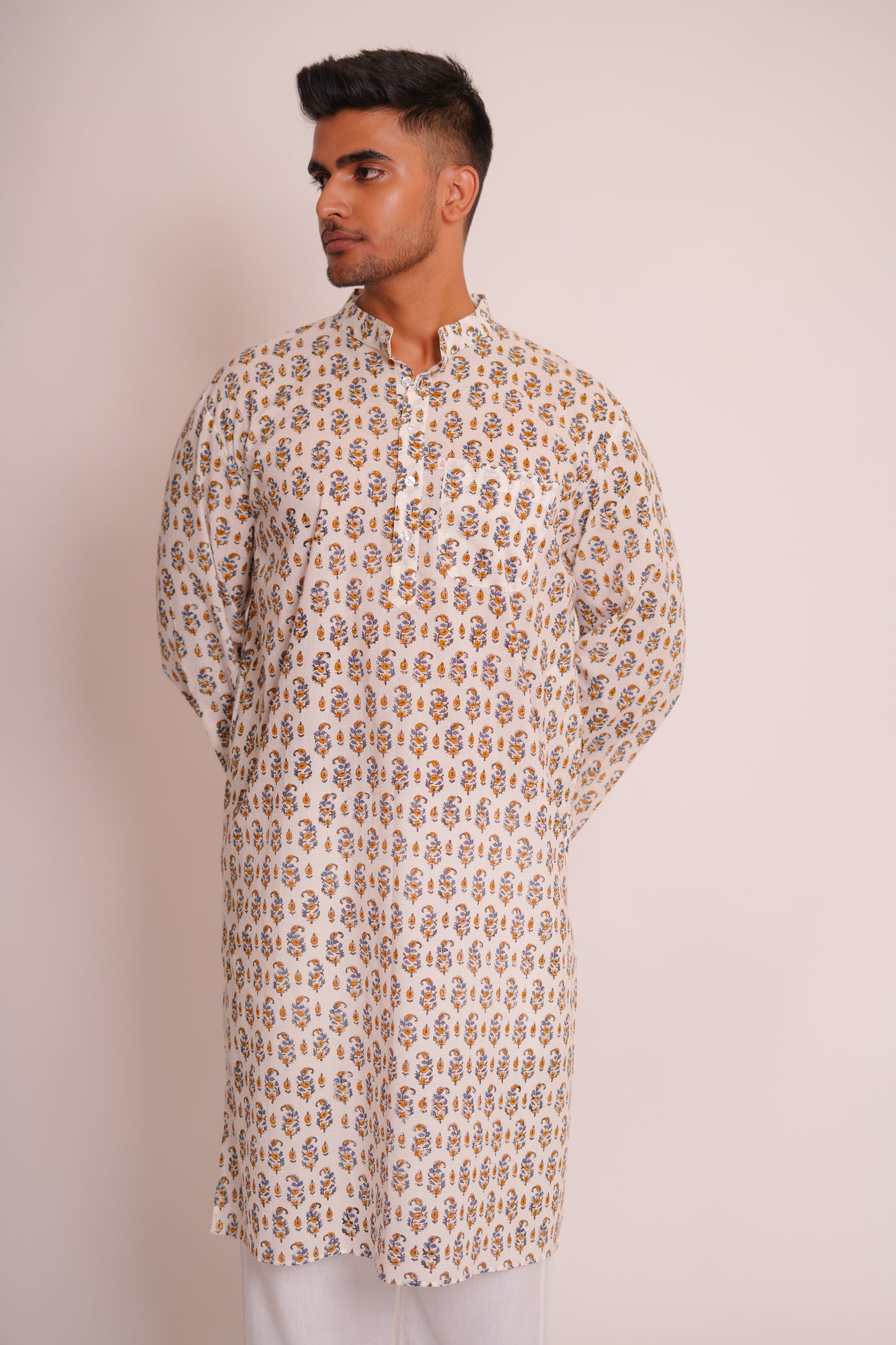 Blue Gladiolus Hand Block Printed Buti Kurta Set