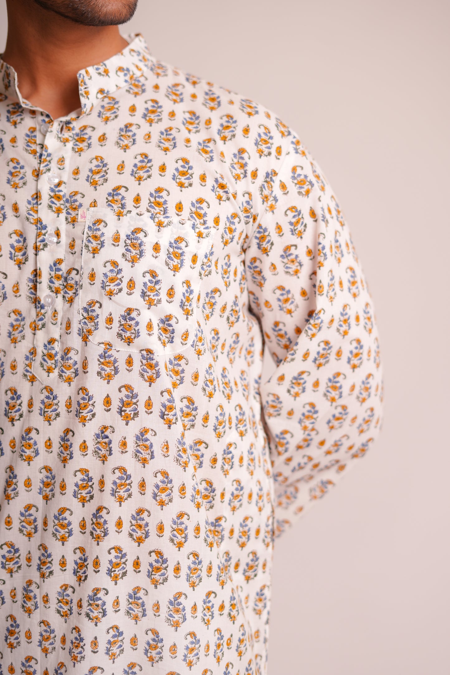 Blue Gladiolus Hand Block Printed Buti Kurta Set