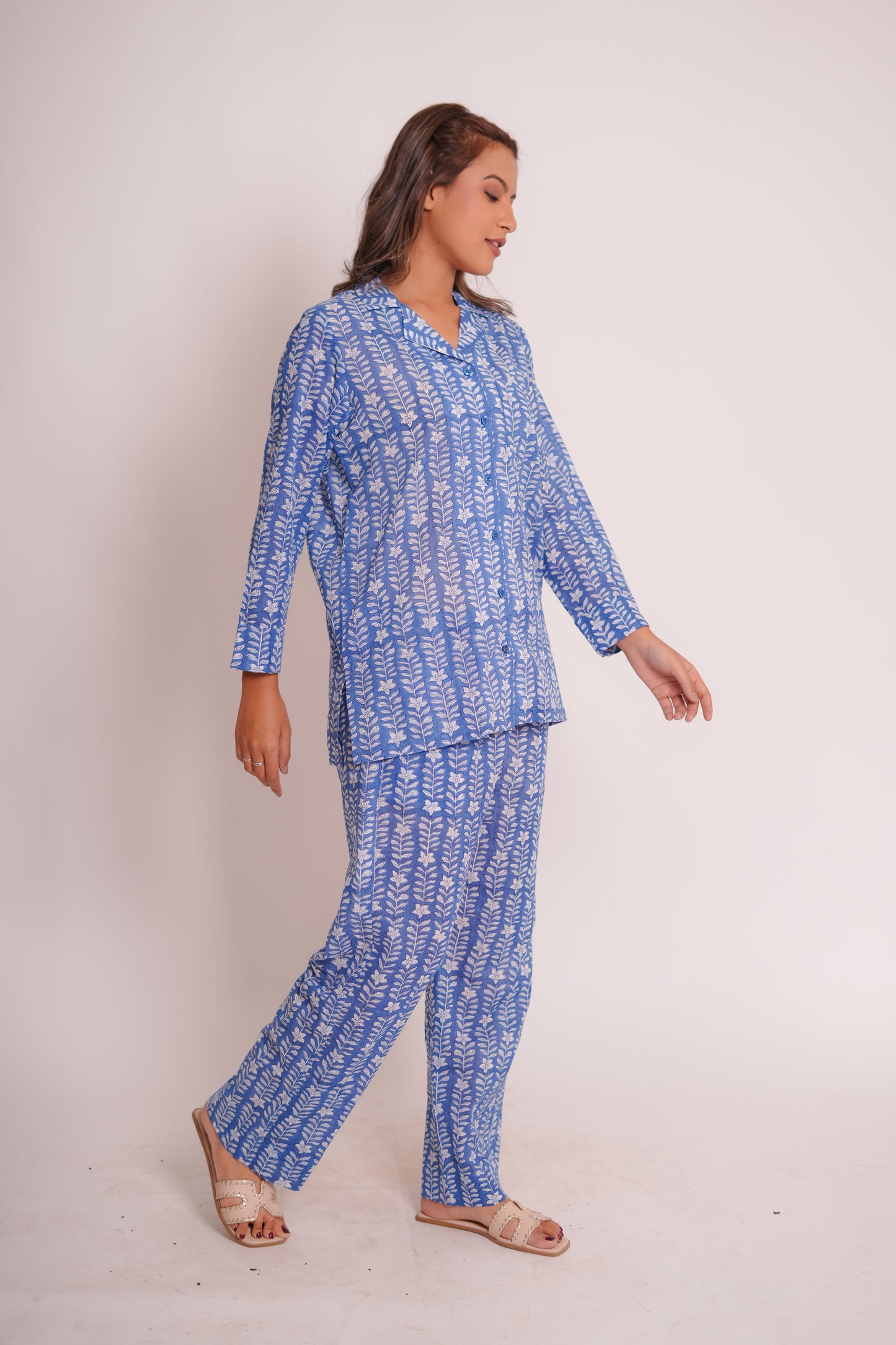 Yamika Blue Leaf Hand Block-Printed Cotton Cord Set