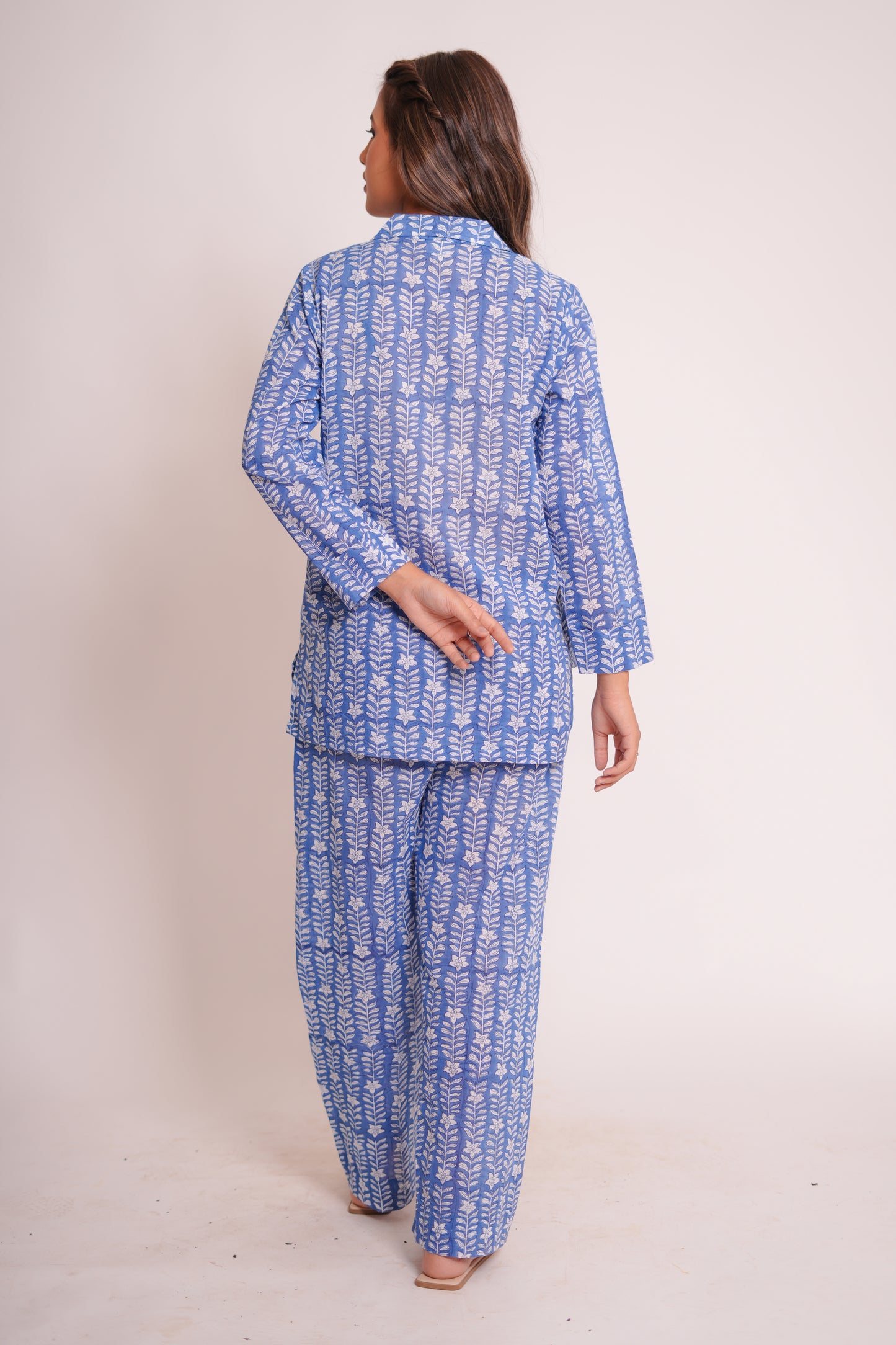 Yamika Blue Leaf Hand Block-Printed Cotton Cord Set