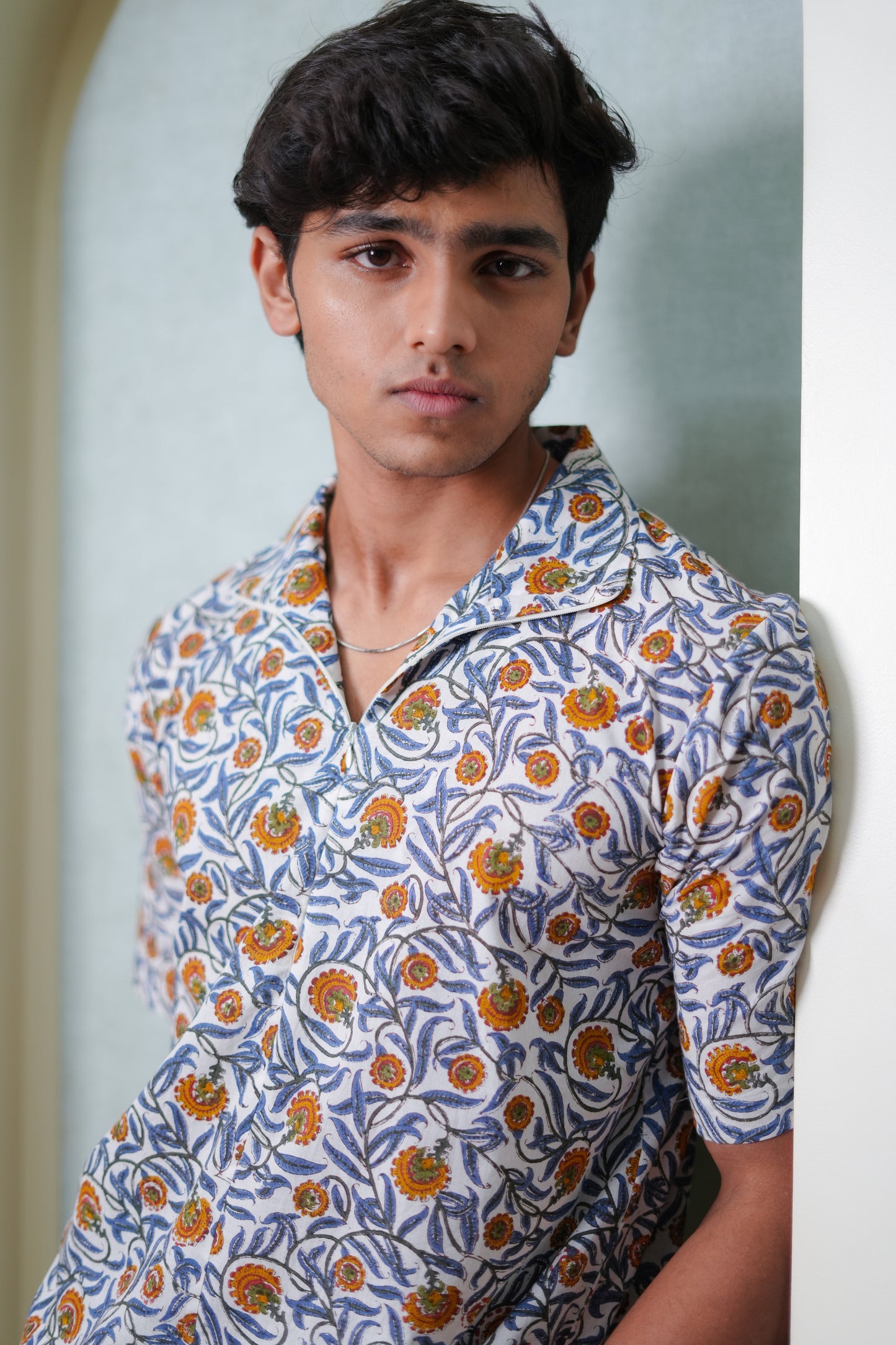 Raunak Blue Jaal Hand Block Printed Shirt