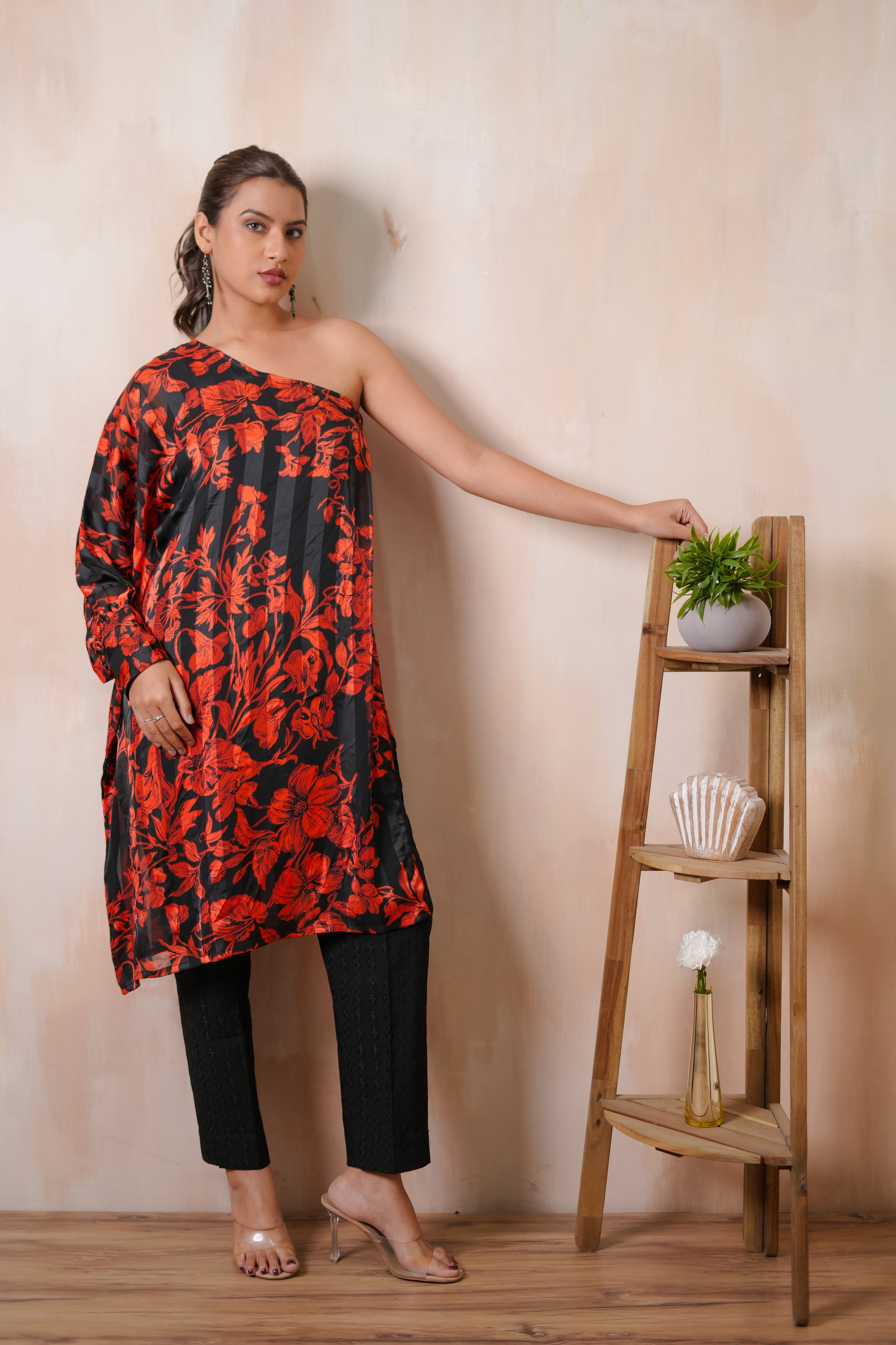 Soof Imported Black and Red Georgette Silk Striped Floral Print One-Shoulder Cord Set