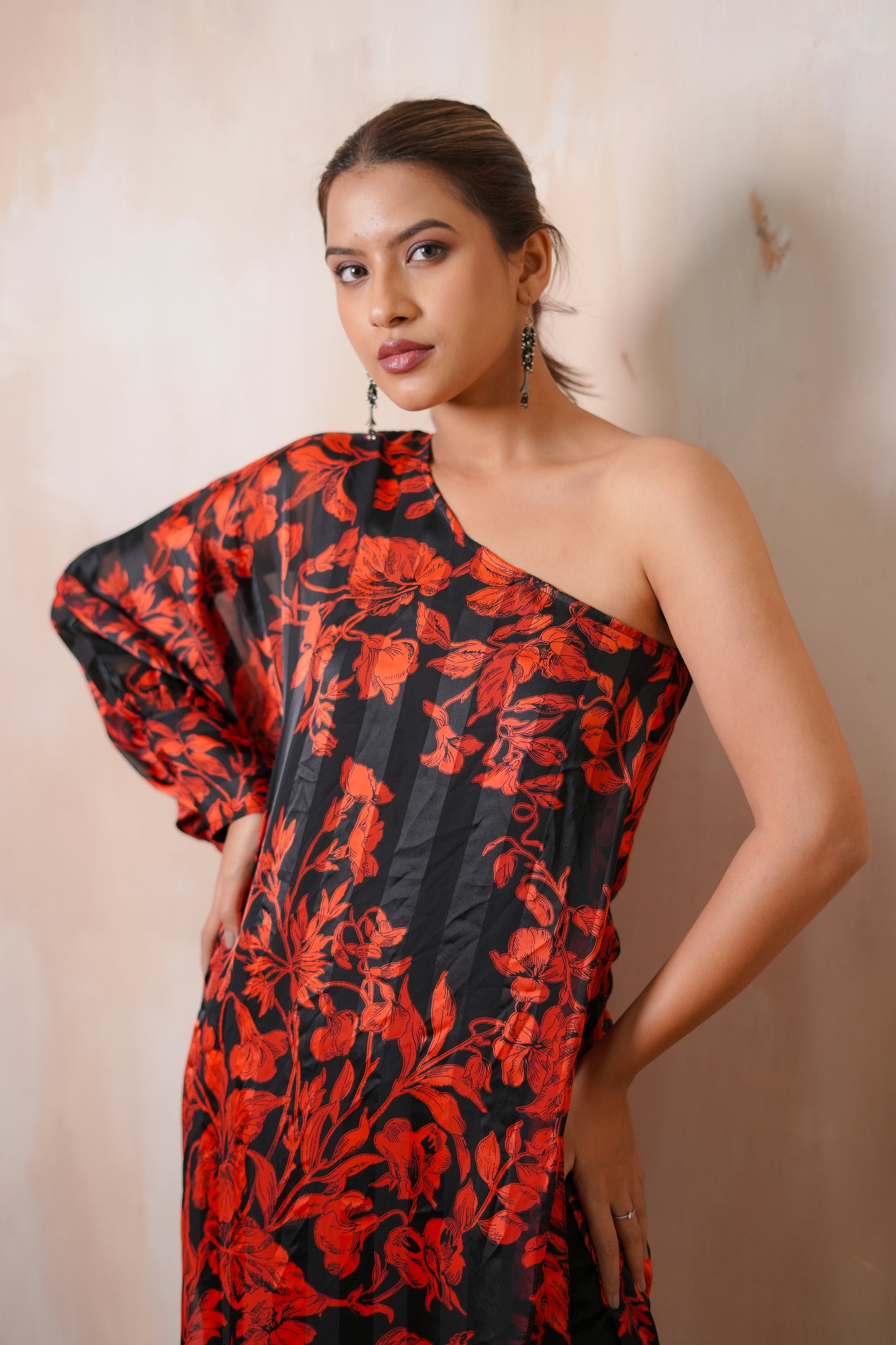 Soof Imported Black and Red Georgette Silk Striped Floral Print One-Shoulder Cord Set