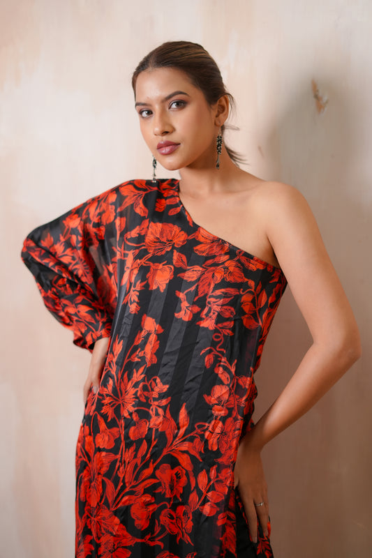 Soof Imported Black and Red Georgette Silk Striped Floral Print One-Shoulder Kurta