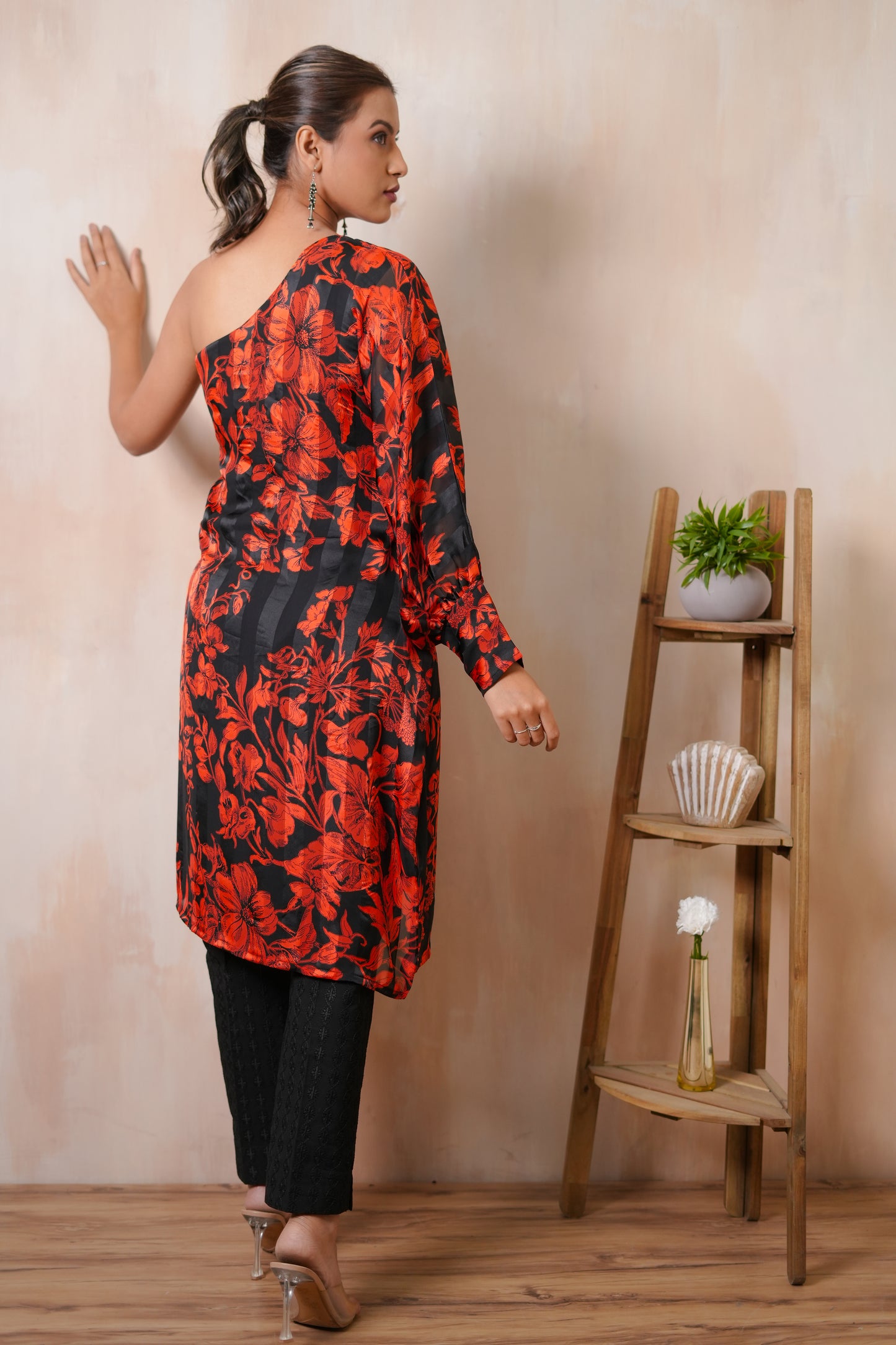 Soof Imported Black and Red Georgette Silk Striped Floral Print One-Shoulder Cord Set