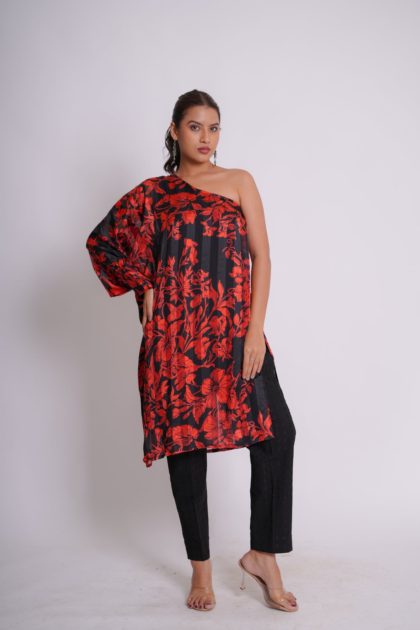 Soof Imported Black and Red Georgette Silk Striped Floral Print One-Shoulder Cord Set