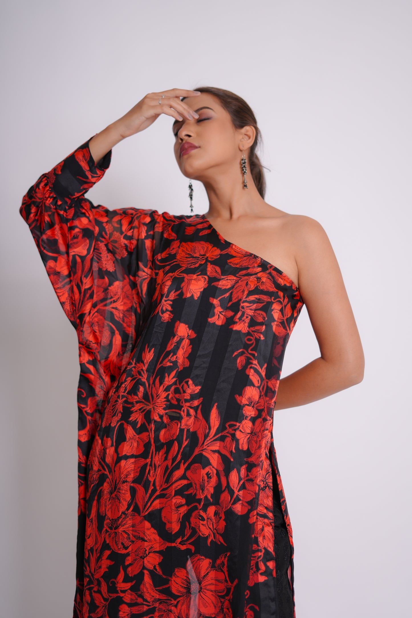 Soof Imported Black and Red Georgette Silk Striped Floral Print One-Shoulder Cord Set