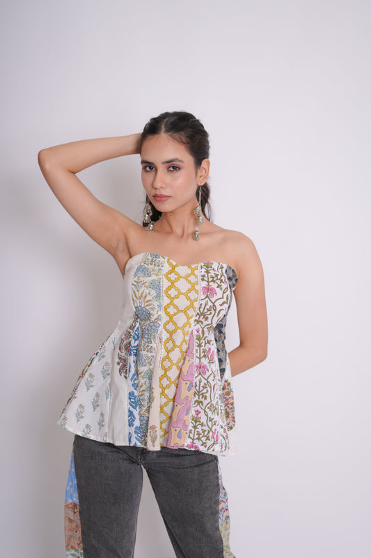 Prisha Hand Block Printed Patch Worked Flared Top