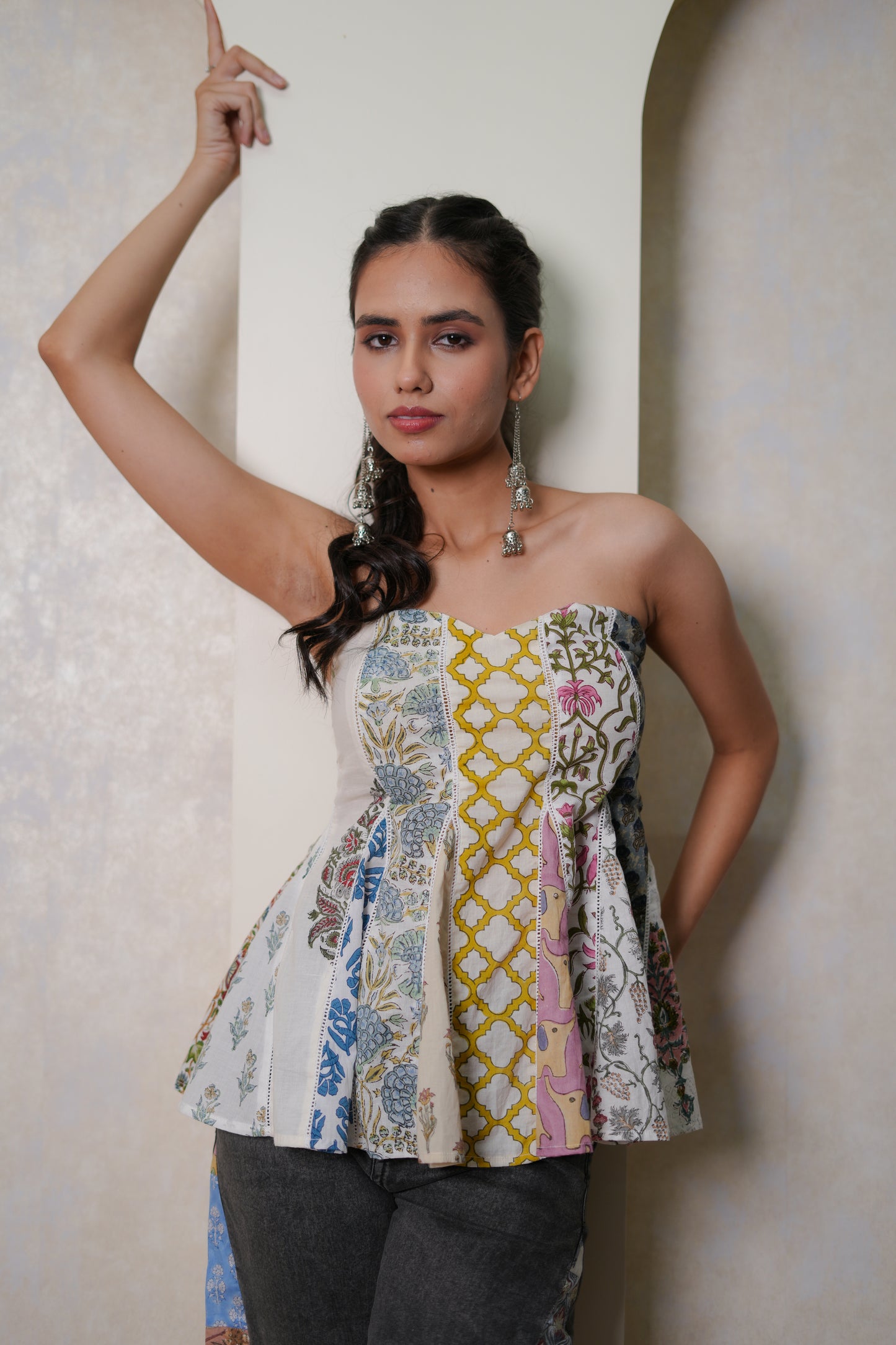 Prisha Hand Block Printed Patch Worked Flared Top