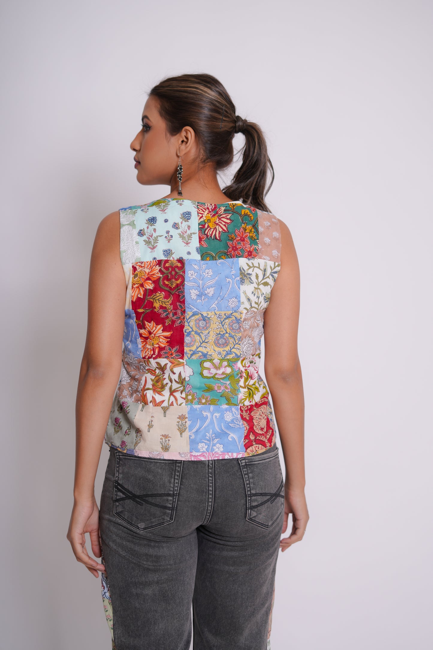 Jivika Hand Block Printed Patch Worked Waist Coat
