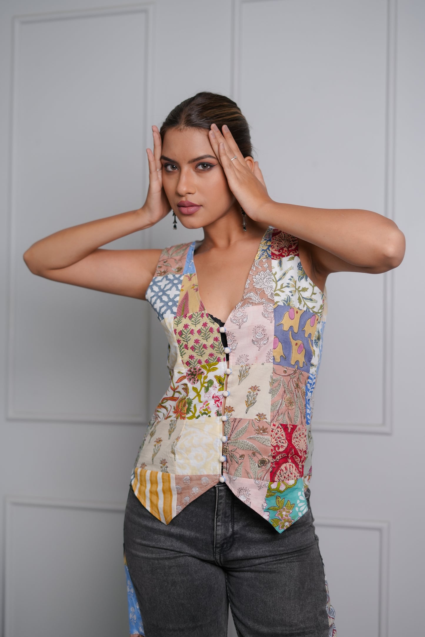 Jivika Hand Block Printed Patch Worked Waist Coat