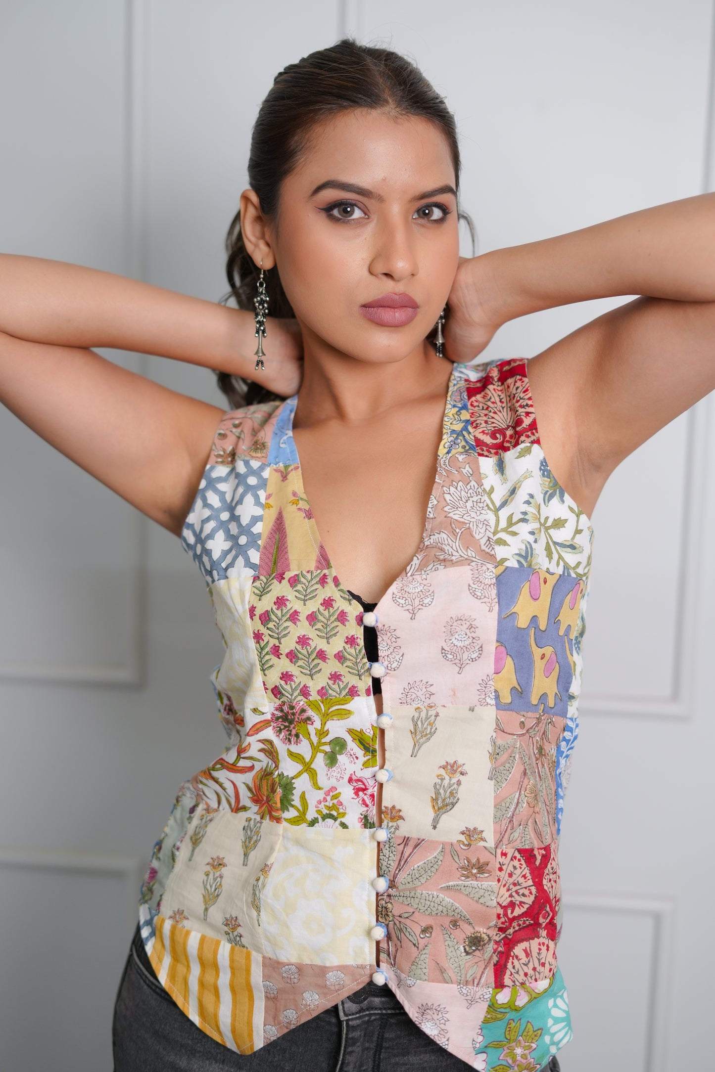 Jivika Hand Block Printed Patch Worked Waist Coat