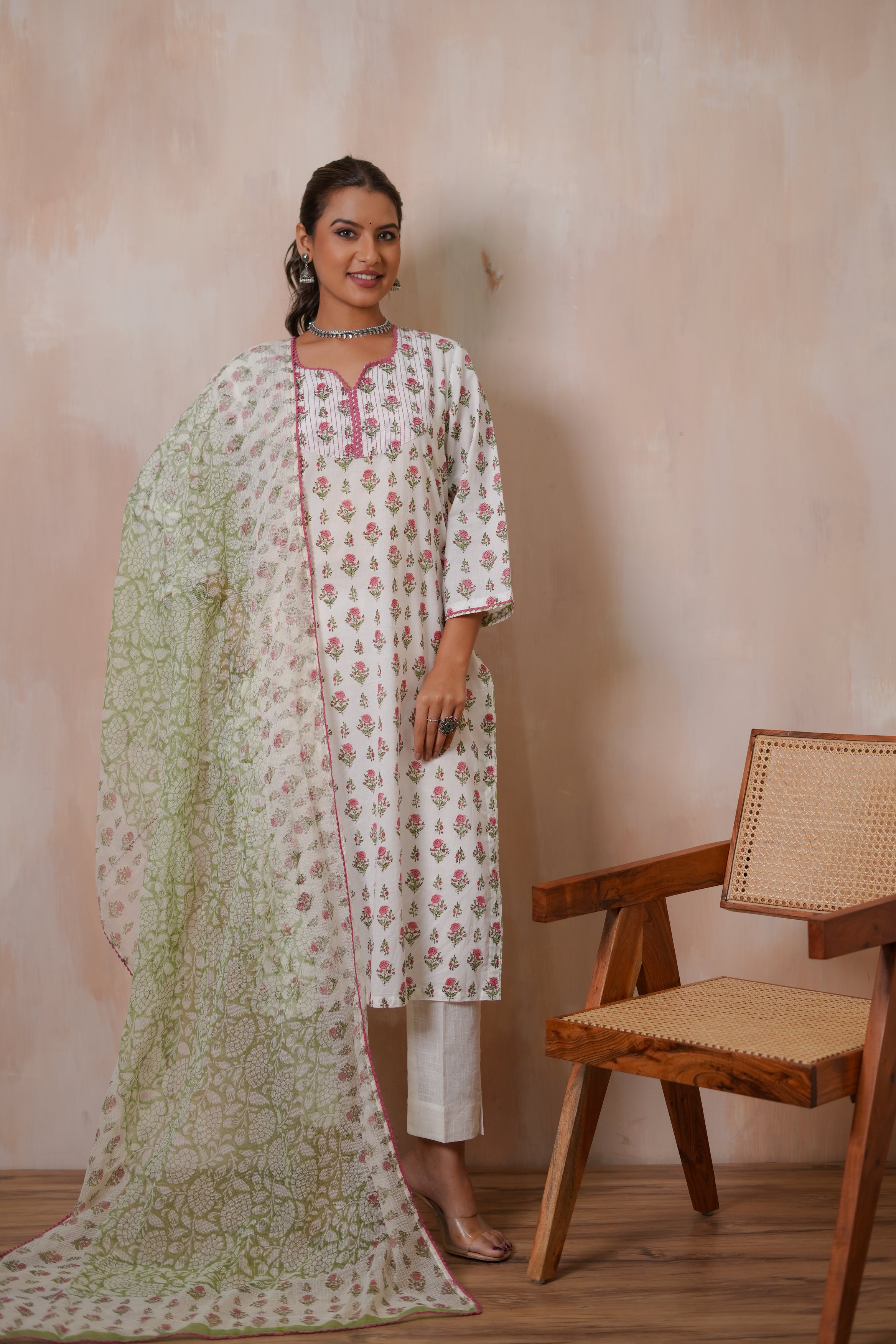 Kshitij Pink Floral Jaal Hand Block-Printed Cotton Kurta Set