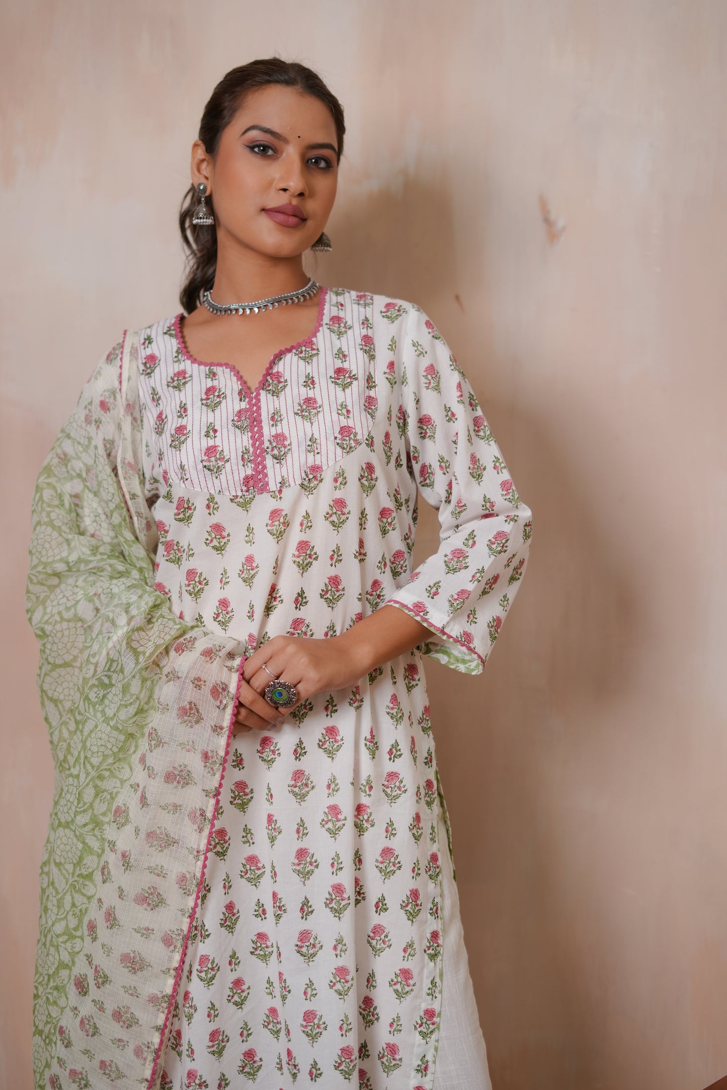 Kshitij Pink Floral Jaal Hand Block-Printed Cotton Kurta Set