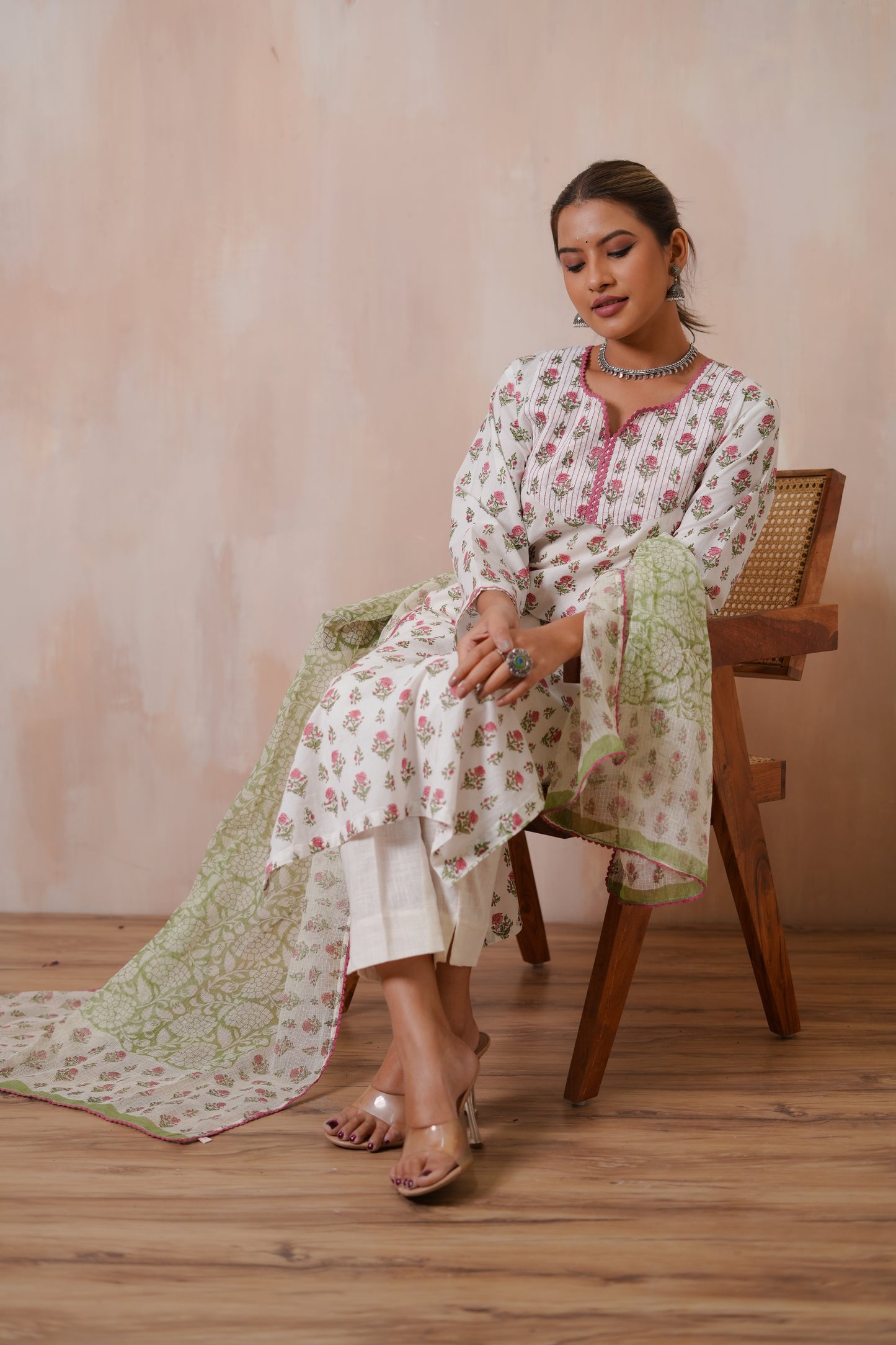 Kshitij Pink Floral Jaal Hand Block-Printed Cotton Kurta Set