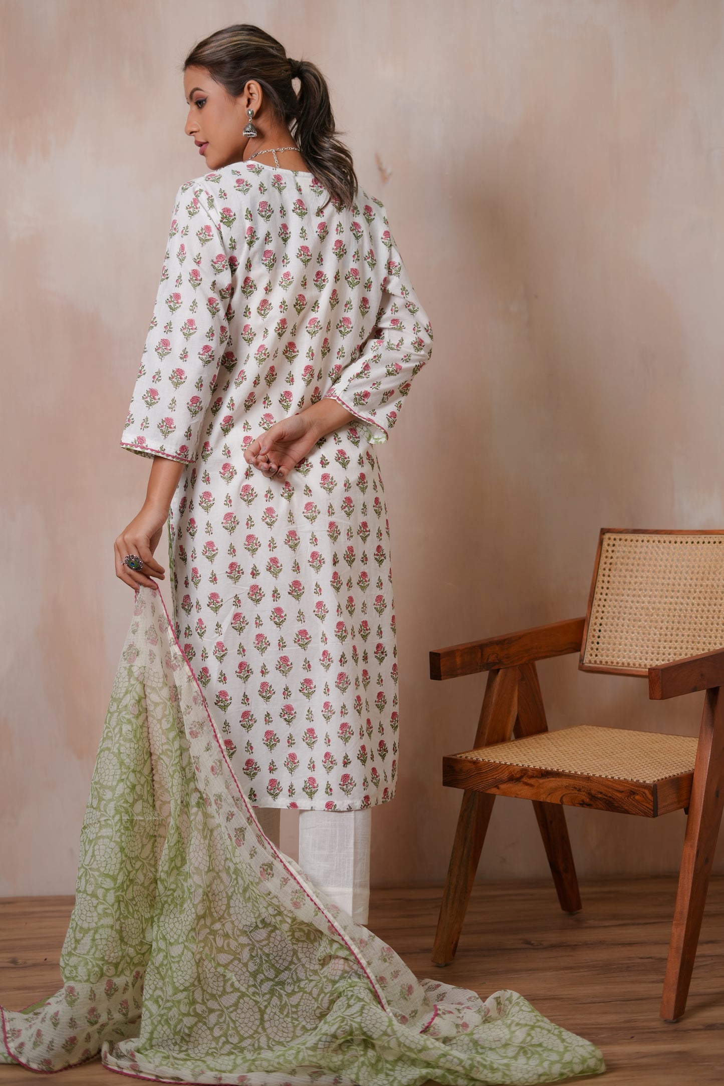 Kshitij Pink Floral Jaal Hand Block-Printed Cotton Kurta Set
