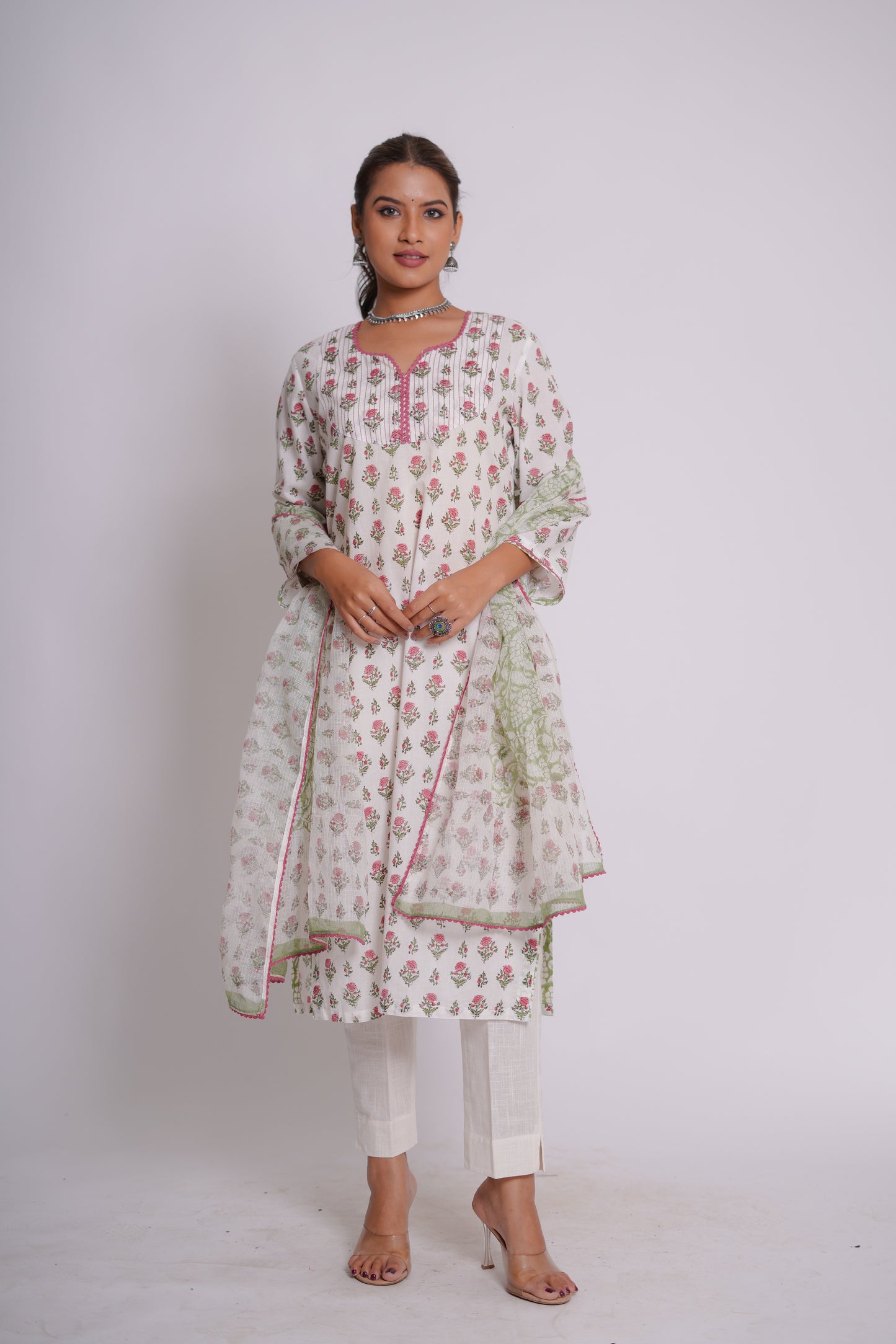 Kshitij Pink Floral Jaal Hand Block-Printed Cotton Kurta Set