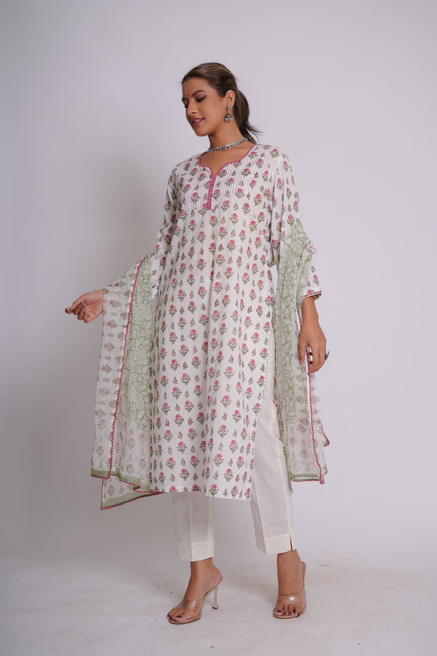 Kshitij Pink Floral Jaal Hand Block-Printed Cotton Kurta Set
