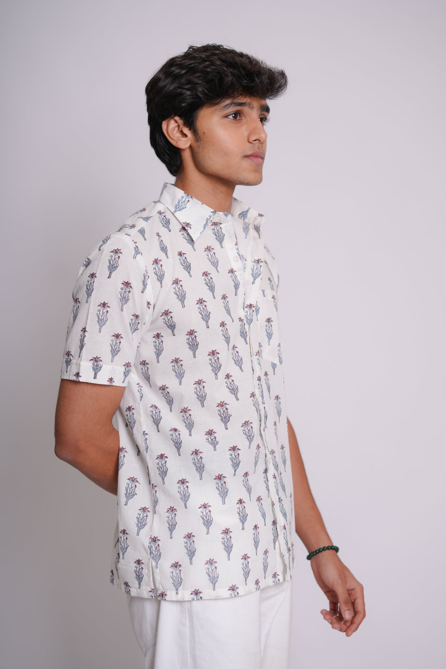 Hand Block Printed Red & Sky Buti Shirt