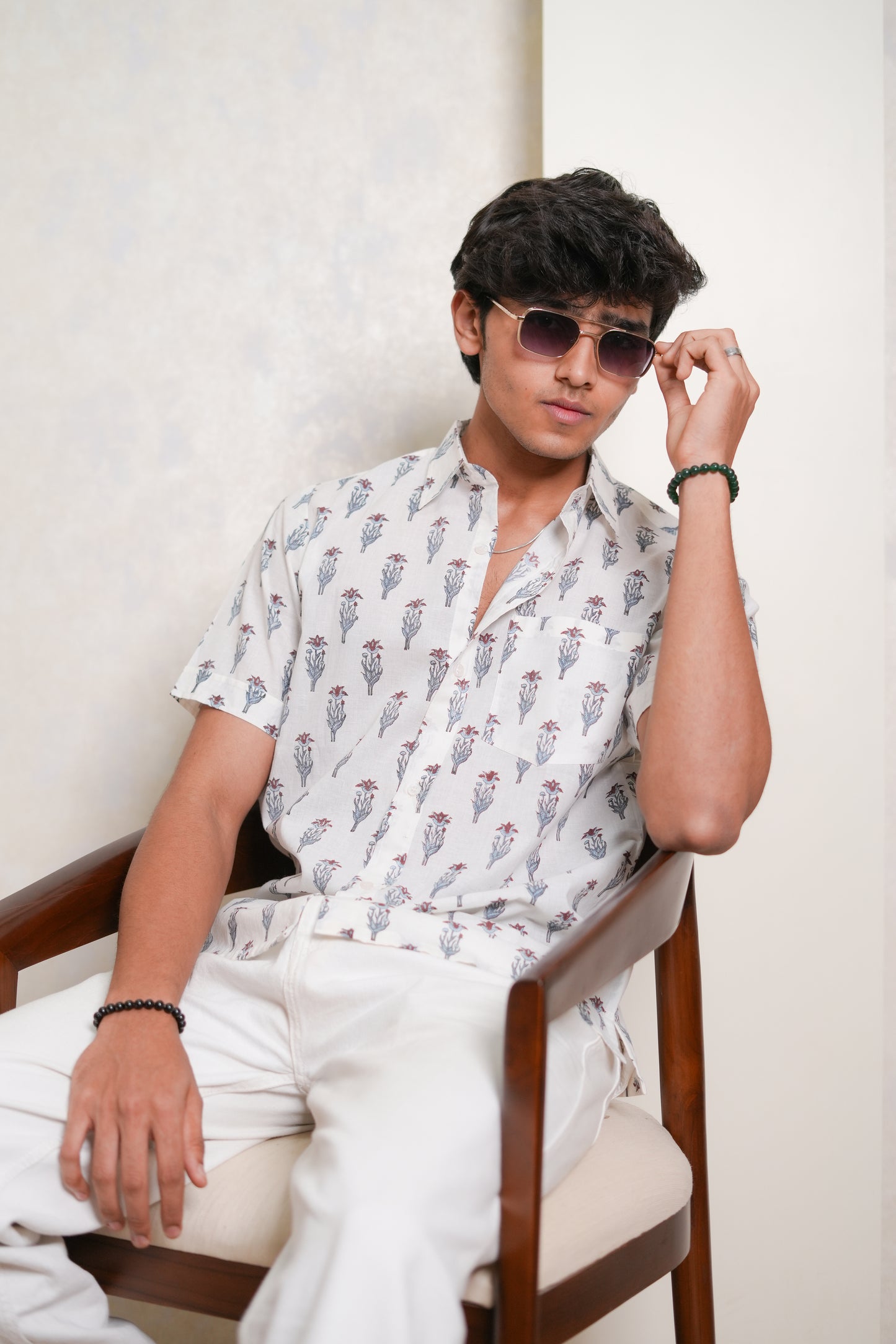 Hand Block Printed Red & Sky Buti Shirt