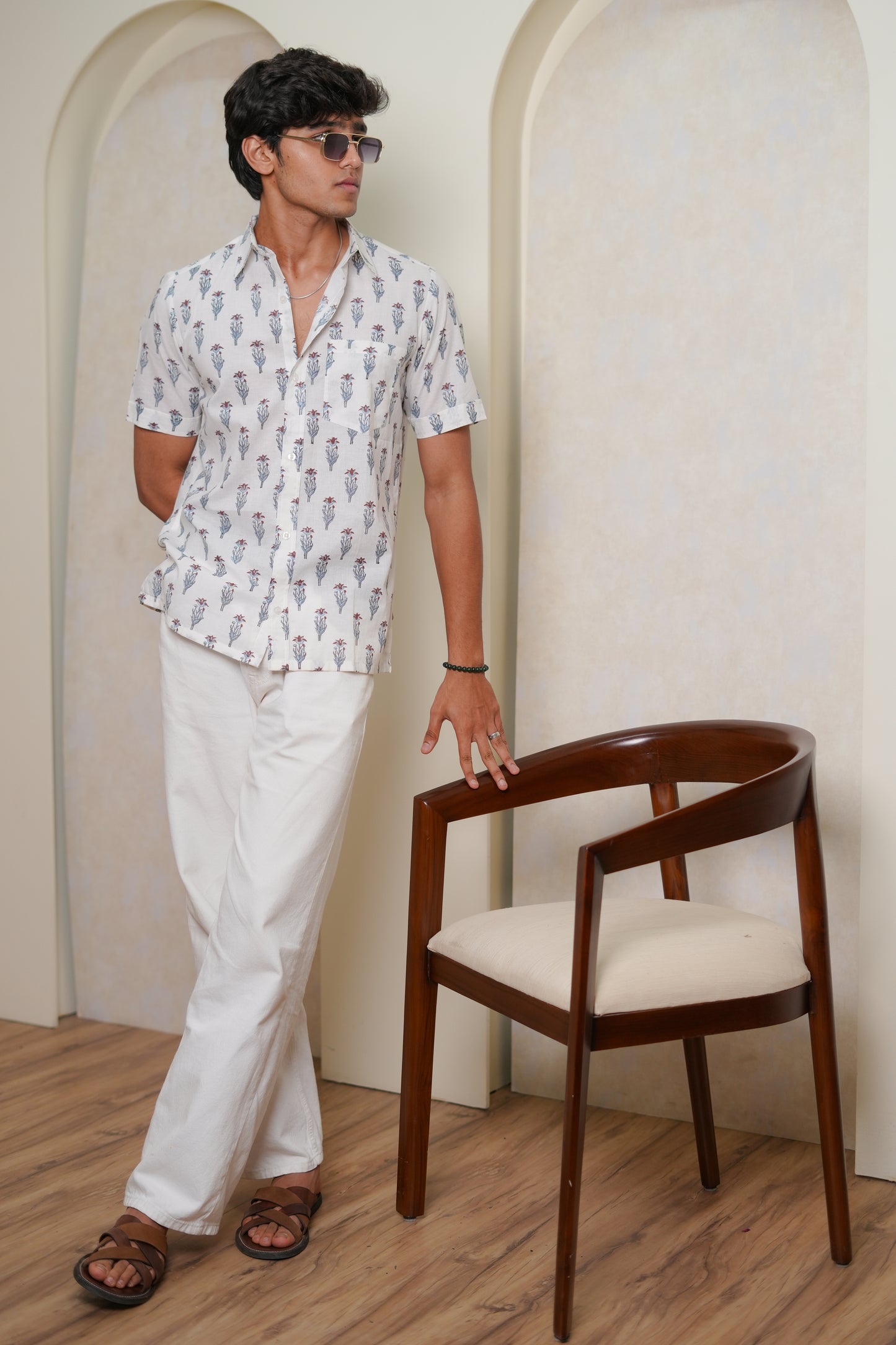 Hand Block Printed Red & Sky Buti Shirt