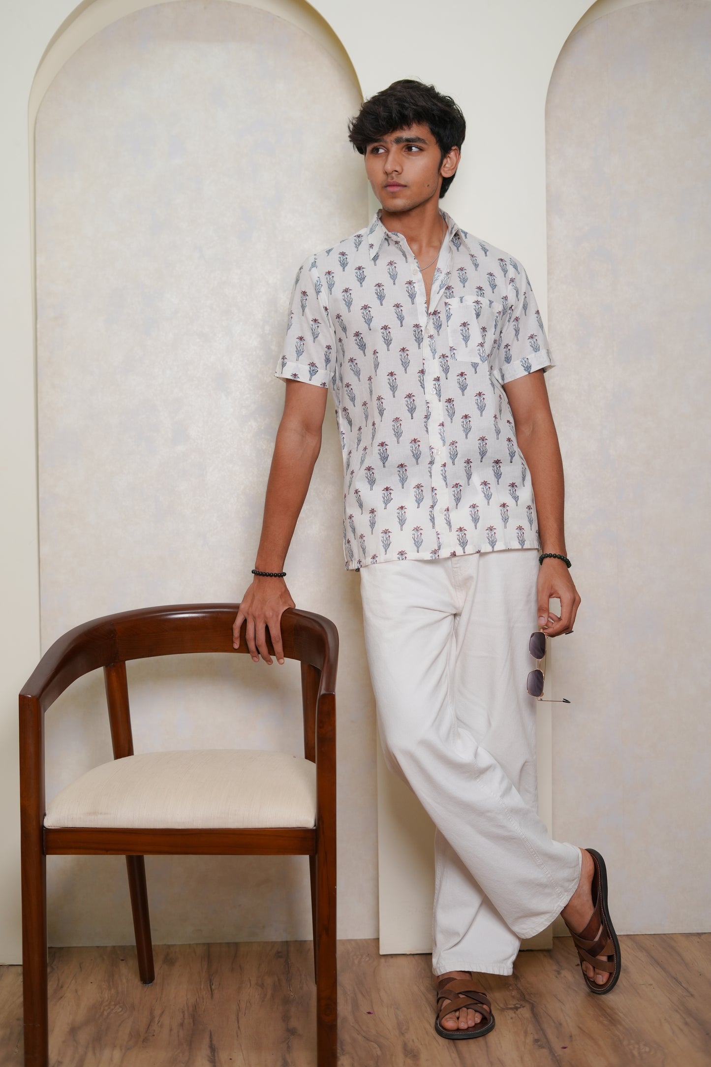 Hand Block Printed Red & Sky Buti Shirt