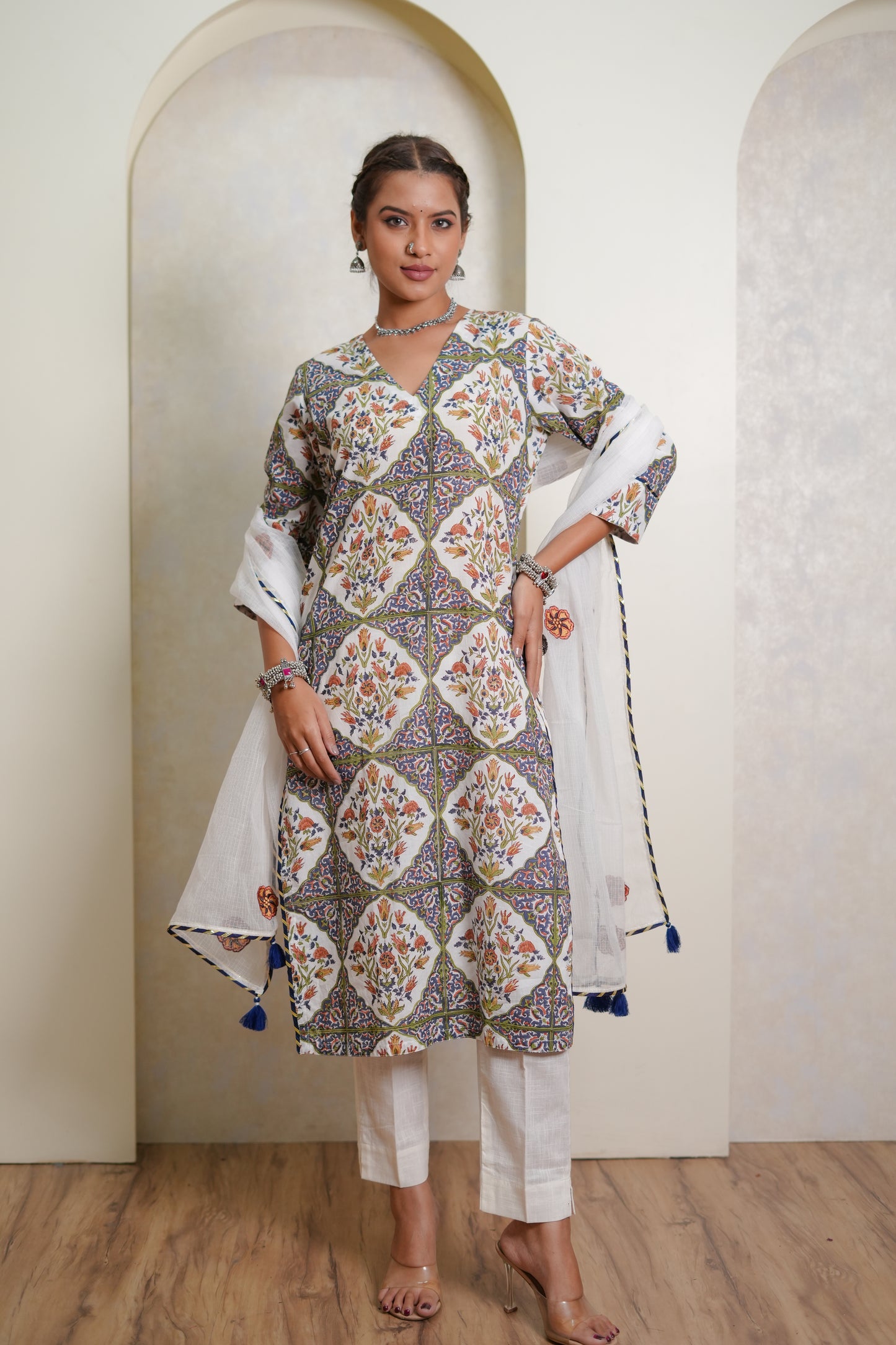Aabroo Mughal Jaal Hand Block-Printed Cotton Kurta Set